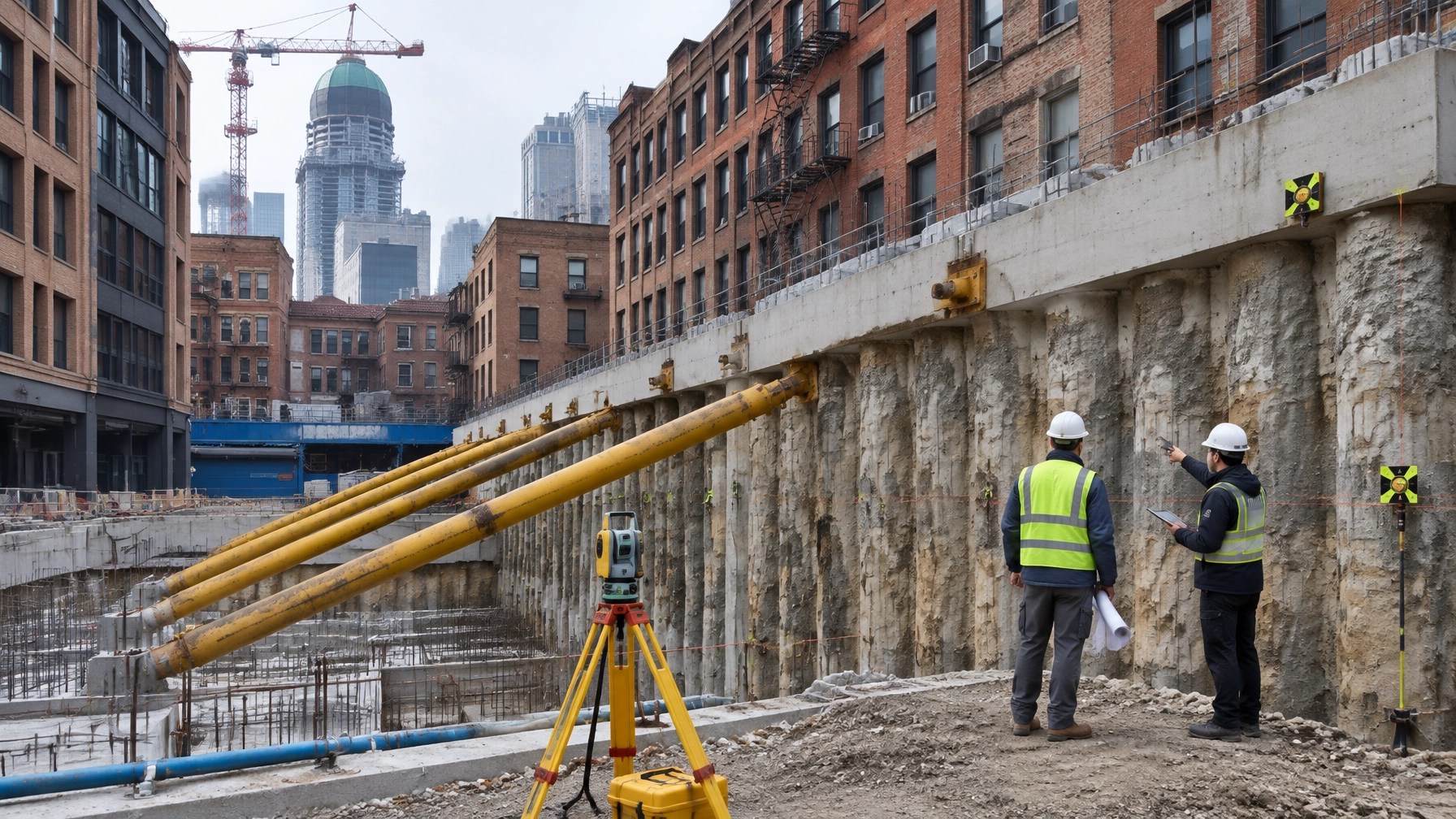 Secant pile wall and reinforced concrete capping beam at a constrained Brooklyn excavation, with adjacent buildings and survey equipment visible