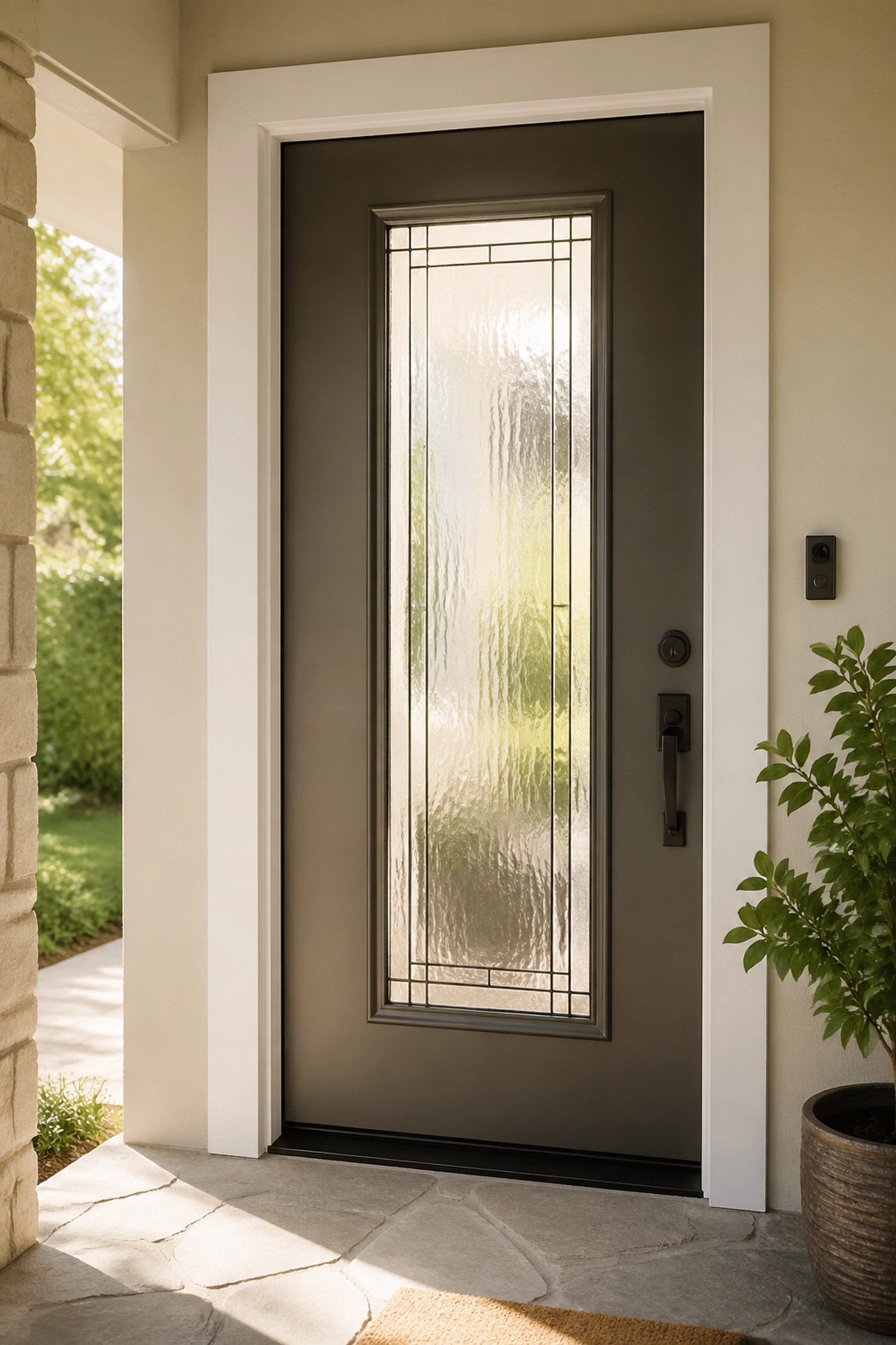 Modern front door glass replacement with a textured privacy glass insert to boost curb appeal.