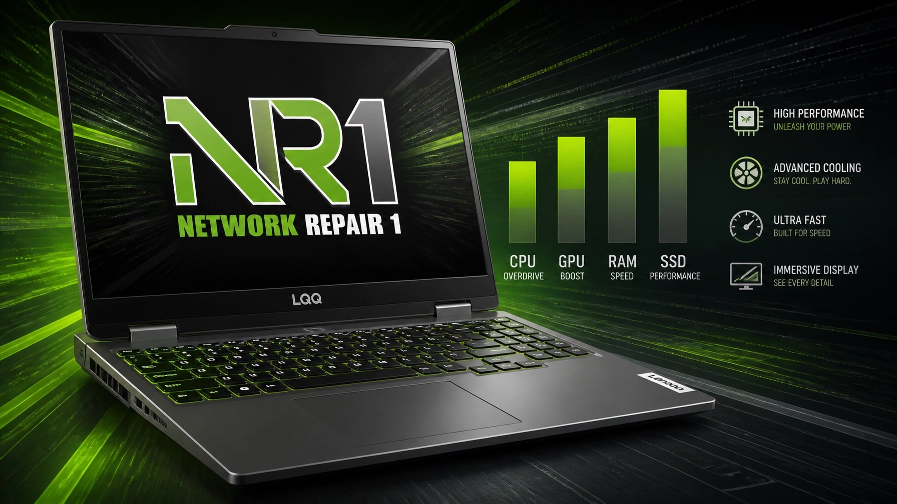 A high-performance Lenovo LOQ laptop with data stream visuals