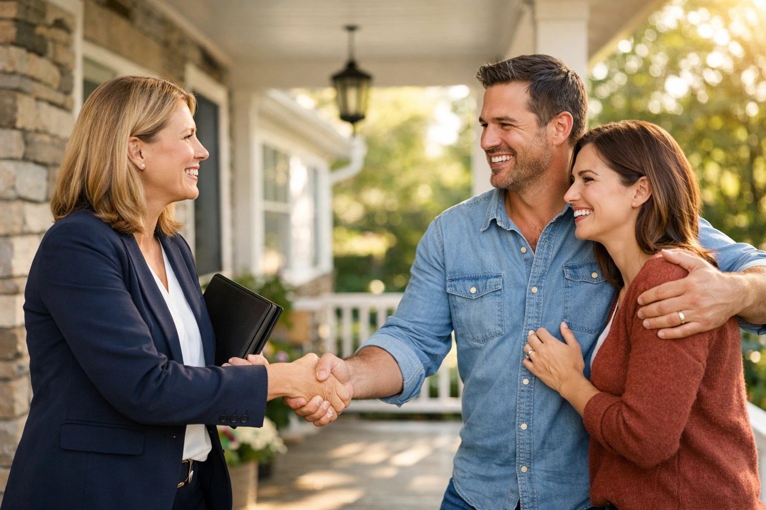 Real estate agent shaking hands with a happy couple on a suburban porch after a successful home closing.