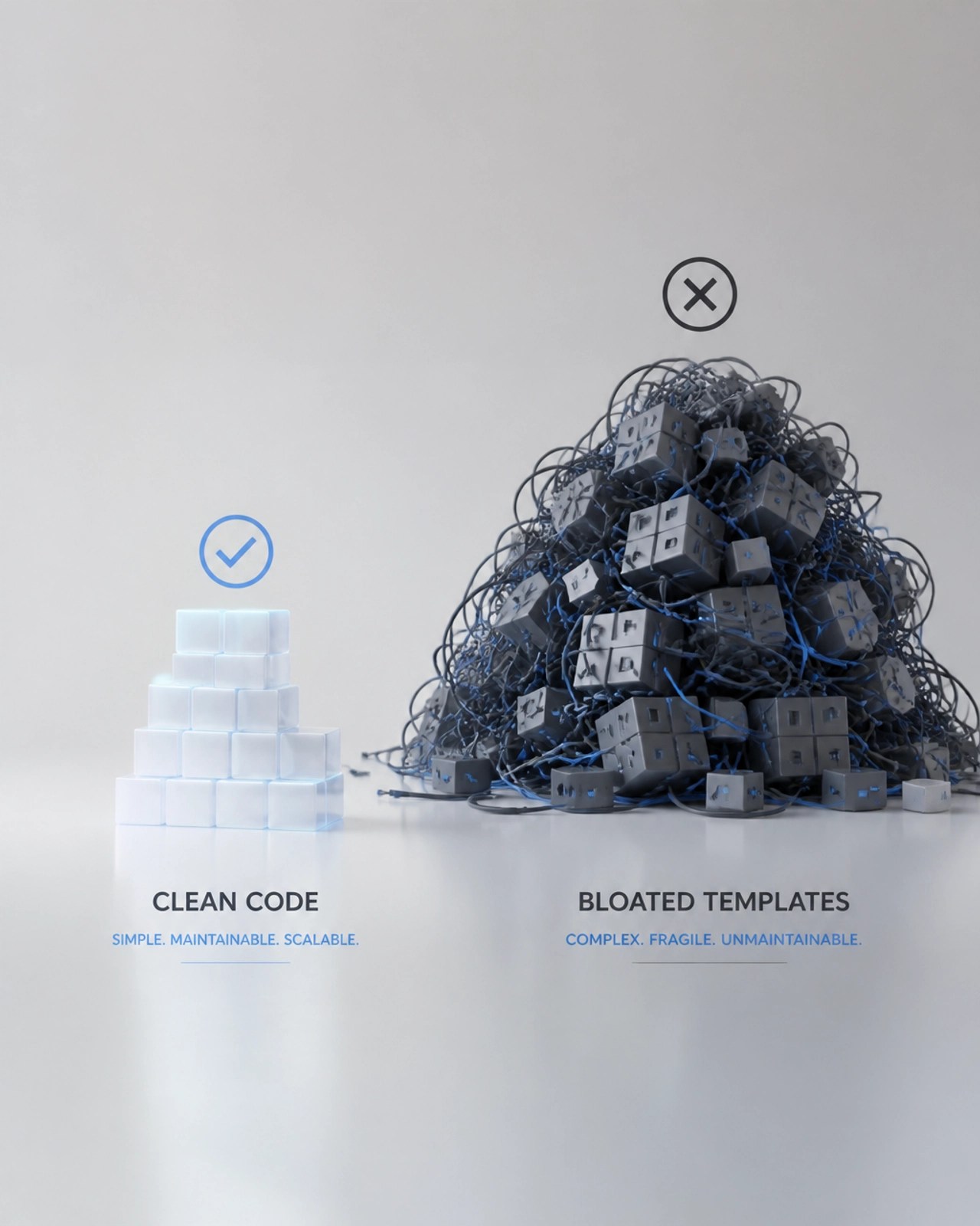 A 3D conceptual illustration comparing clean, modular code blocks with a chaotic, bloated pile of wires and unnecessary elements.