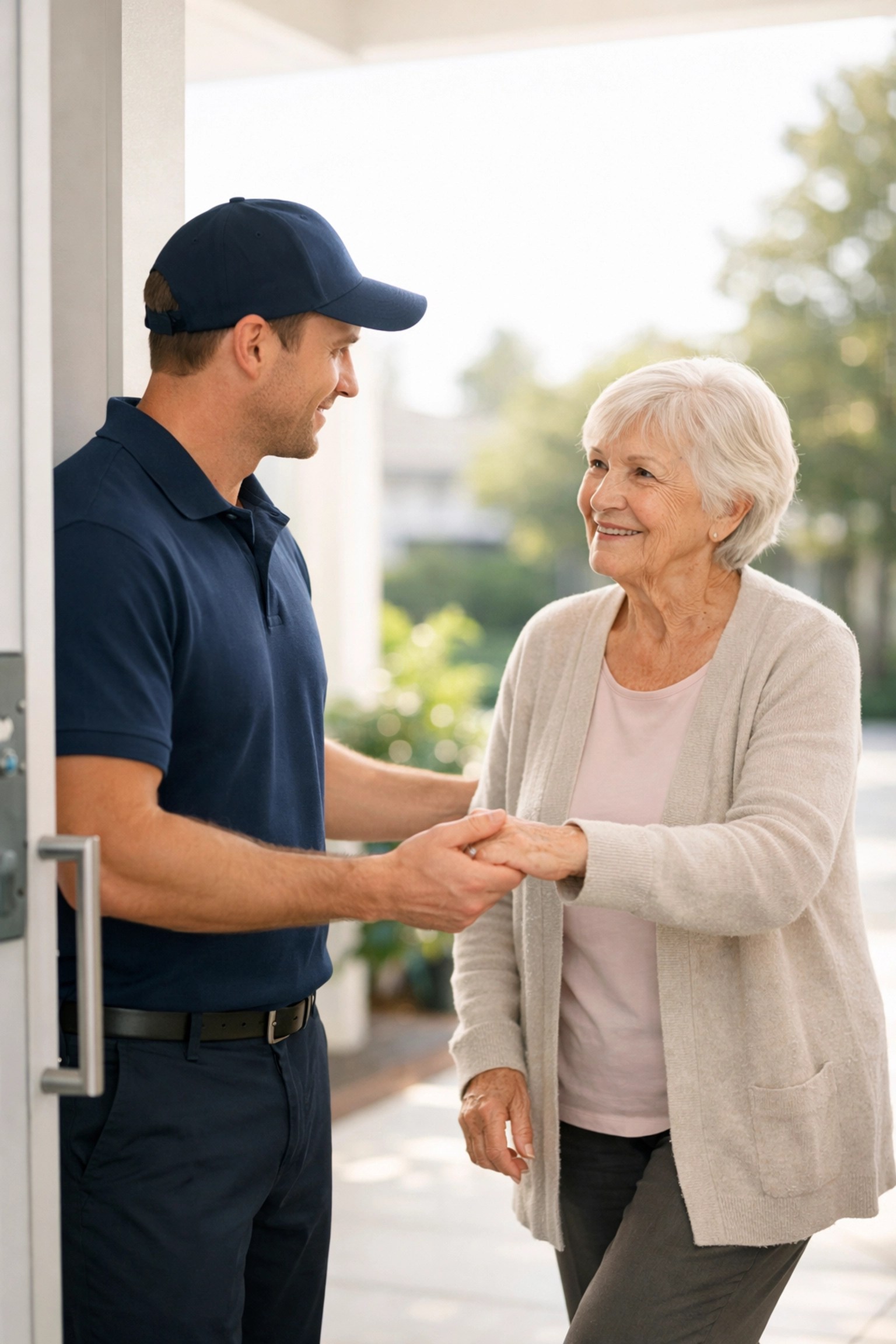 Professional medical transport assistant helping a senior woman safely leave her home for an appointment.