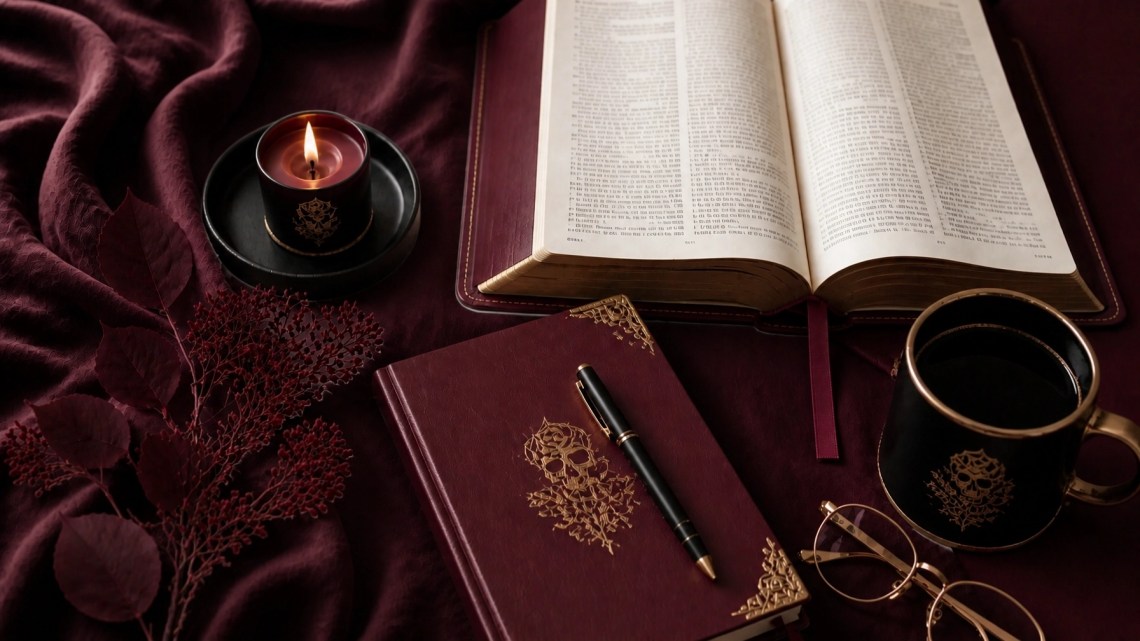 Bible, journal, candle, and botanical clipping in a hyper-realistic quiet study corner