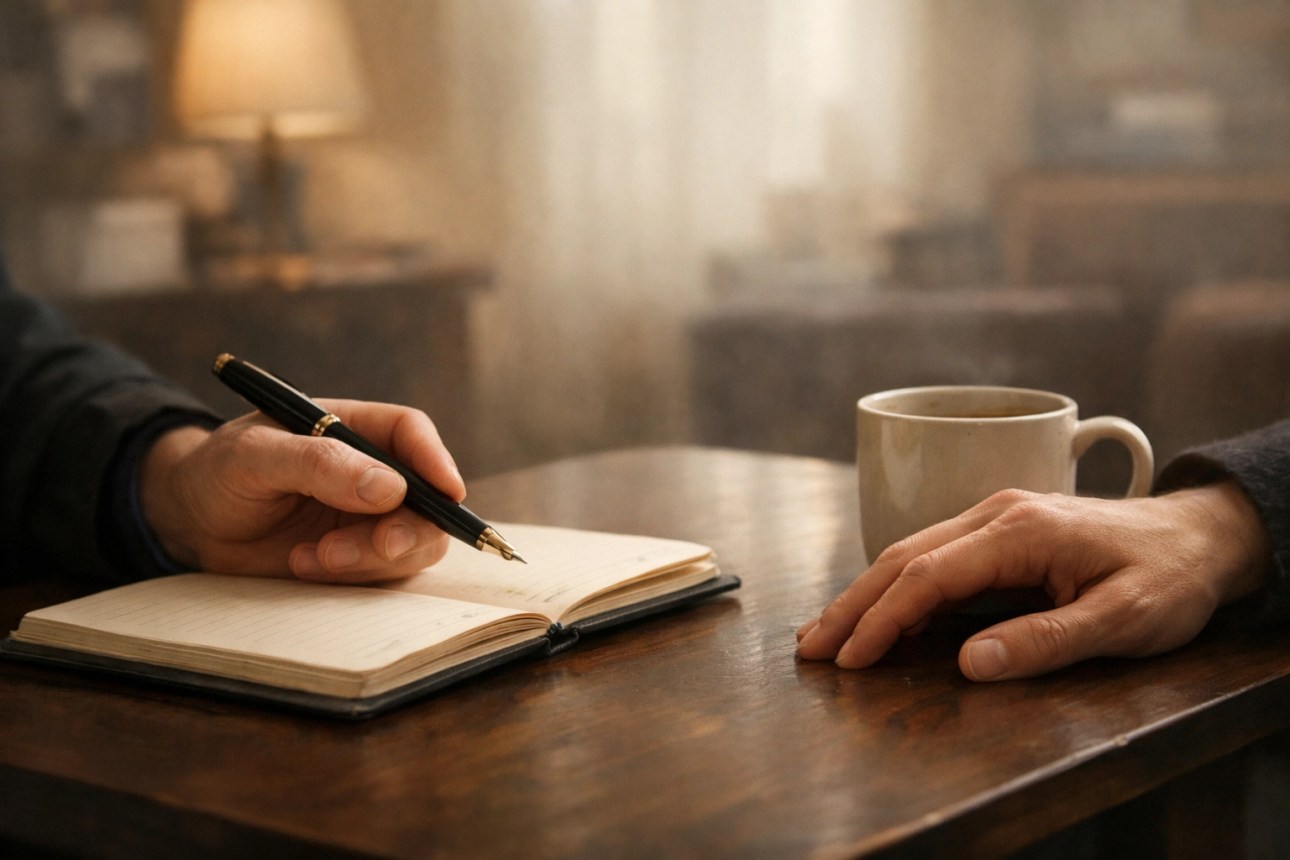Ghostwriterin im persönlichen Beratungsgespräch mit einem Autor über seine Lebensgeschichte.