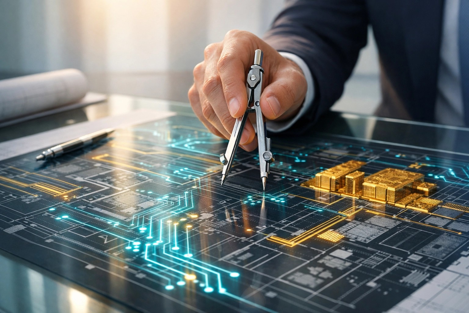 Professional using a compass on a blueprint for PMP-certified risk management during a system rollout.