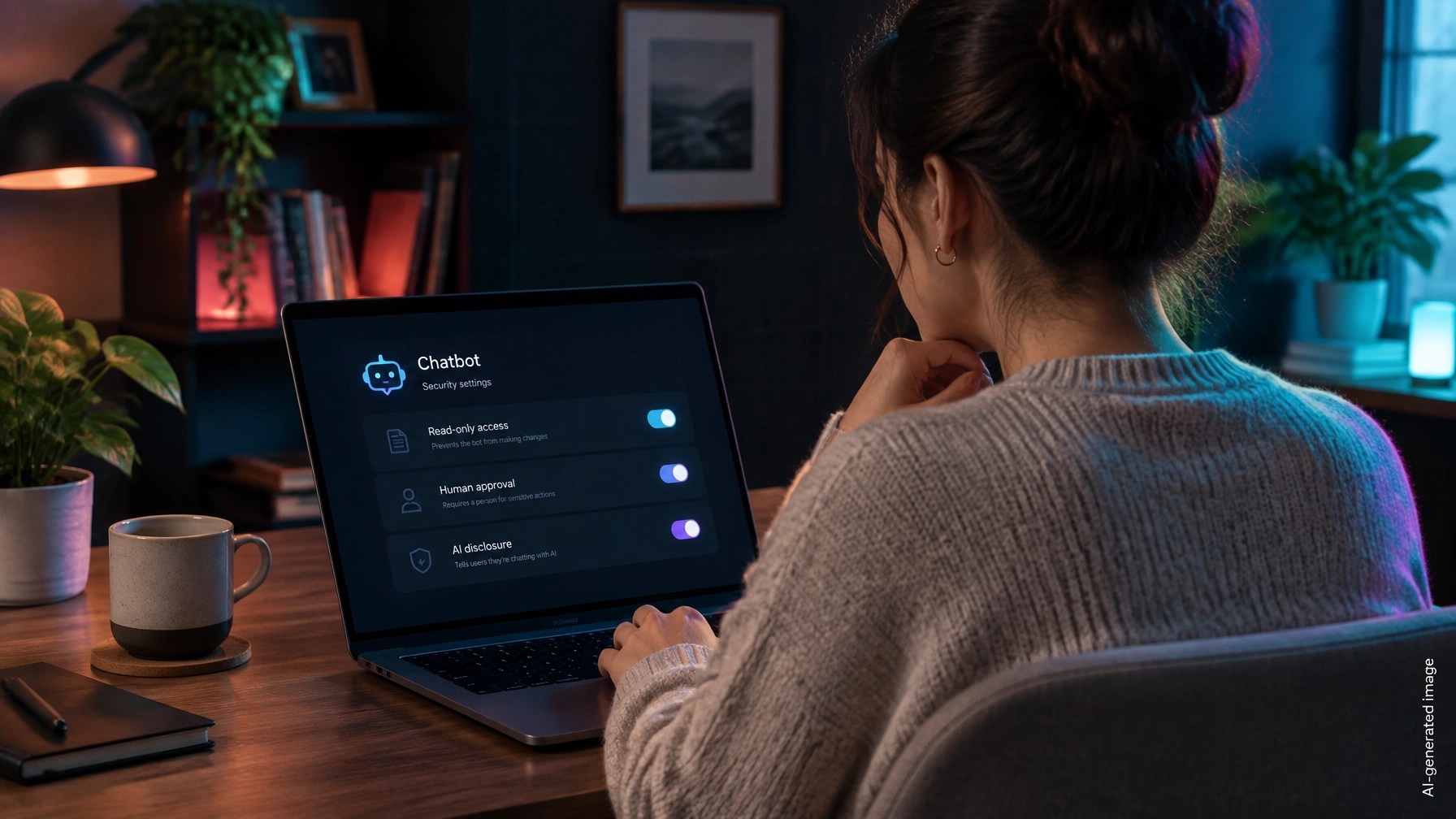 Small business owner reviewing chatbot access settings on a laptop