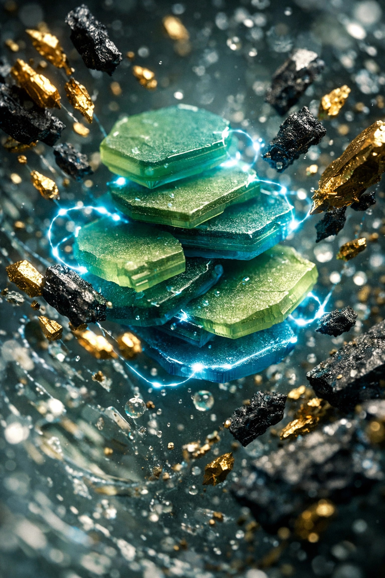 Microscopic view of food grade clay particles attracting toxins using a natural ionic pull for detox.