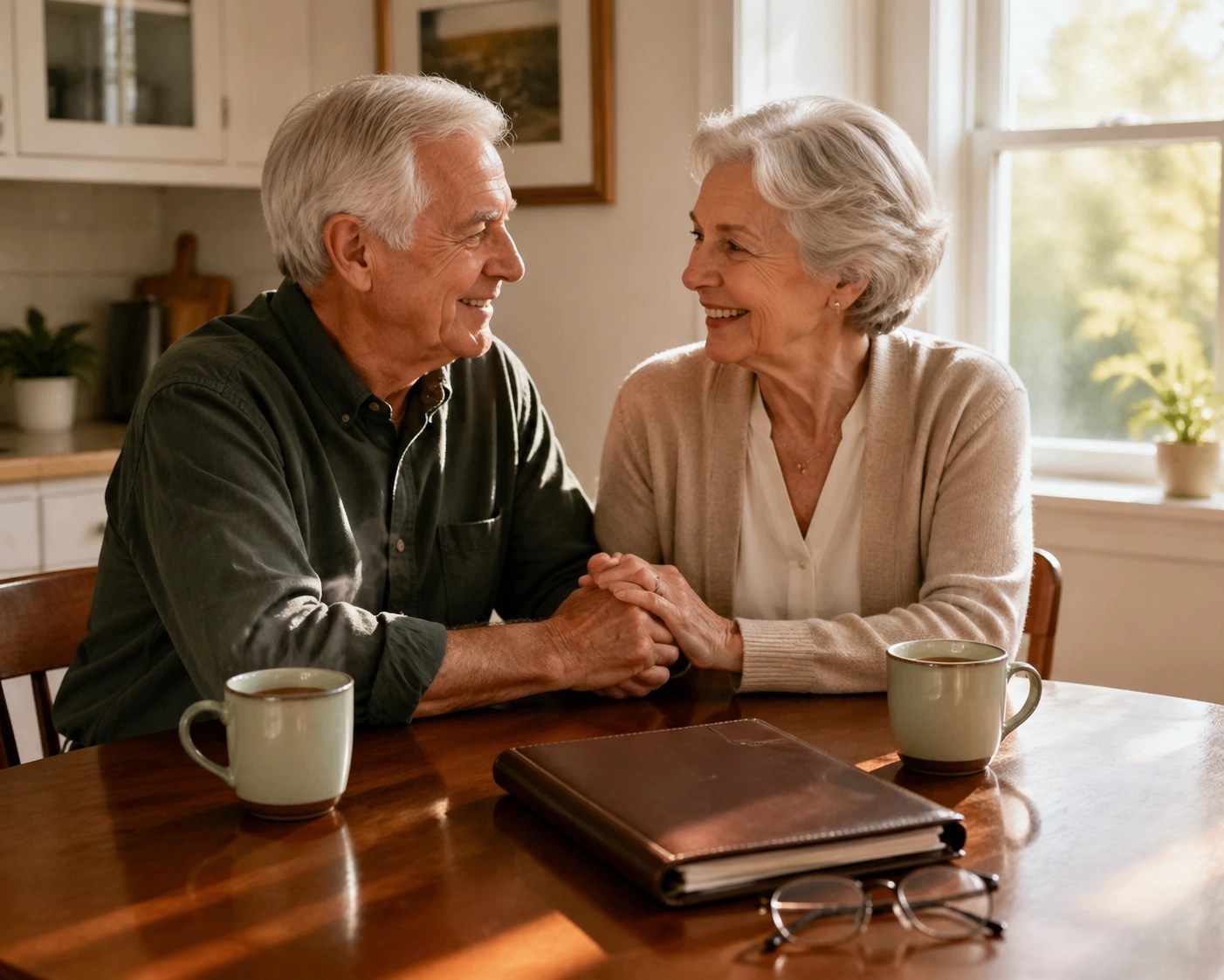 Senior couple feeling relieved after calculating their burial insurance needs and family safety net.