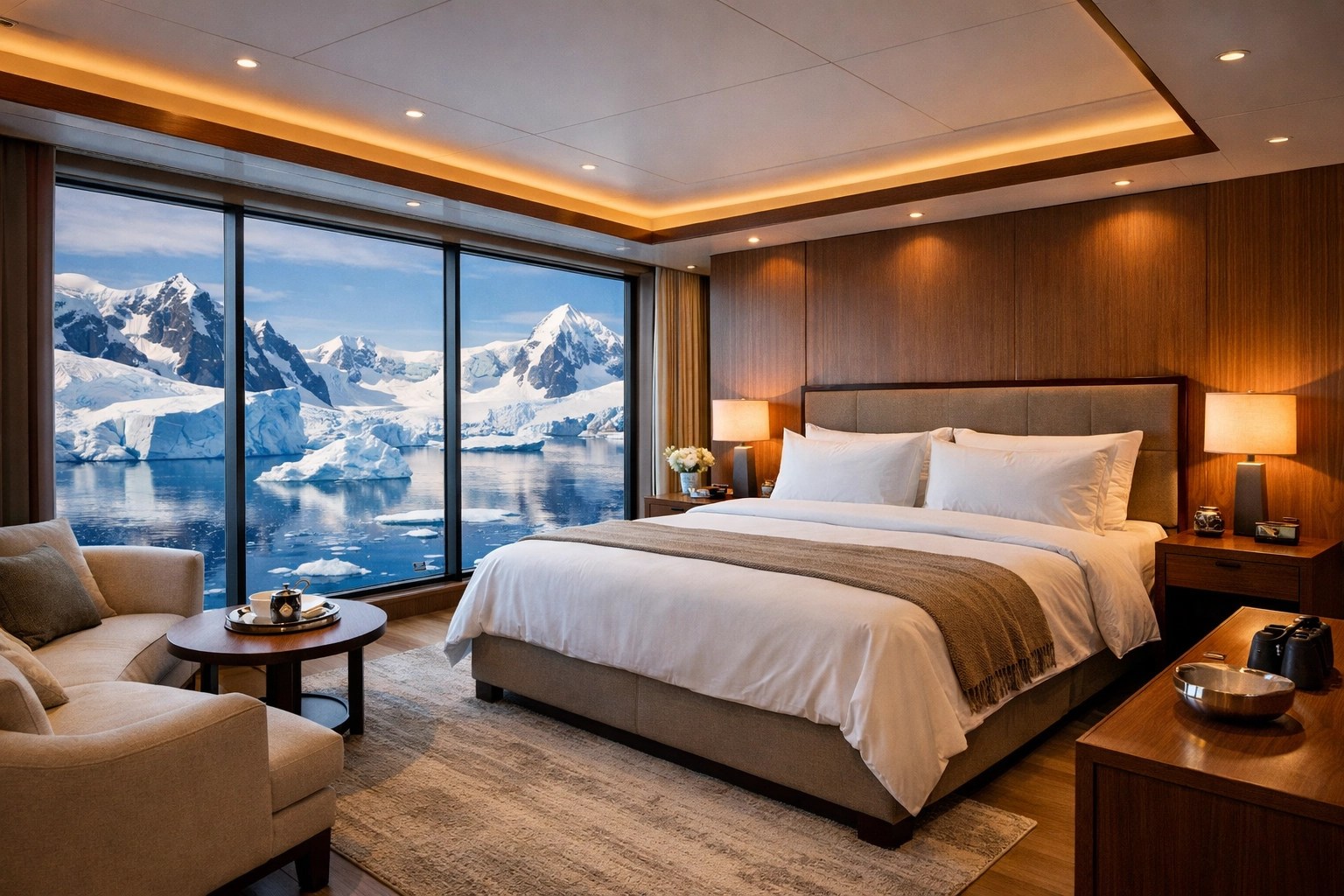 Luxury yacht suite with panoramic windows overlooking Antarctic icebergs