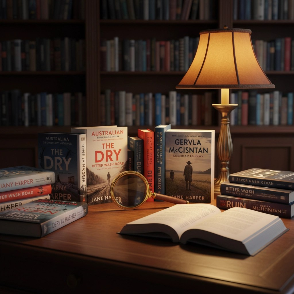 Atmospheric mystery and thriller books on a reading table