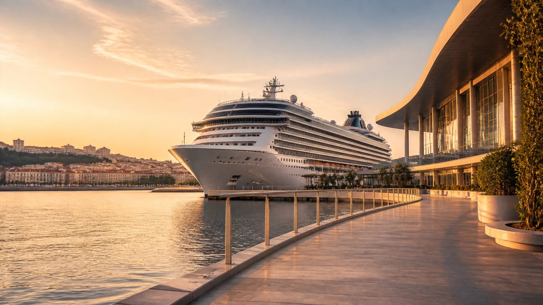 Gleaming luxury cruise ship entering a quiet European harbor at golden hour
