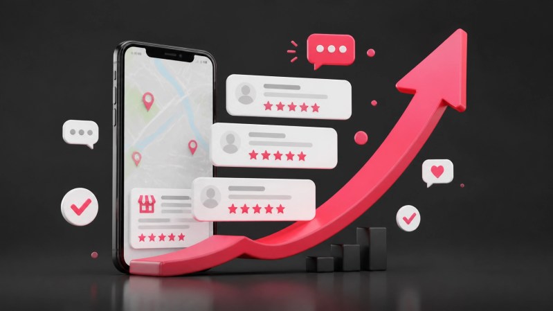 A smartphone surrounded by abstract five-star review cards, speech bubbles, check marks, and a rising magenta arrow