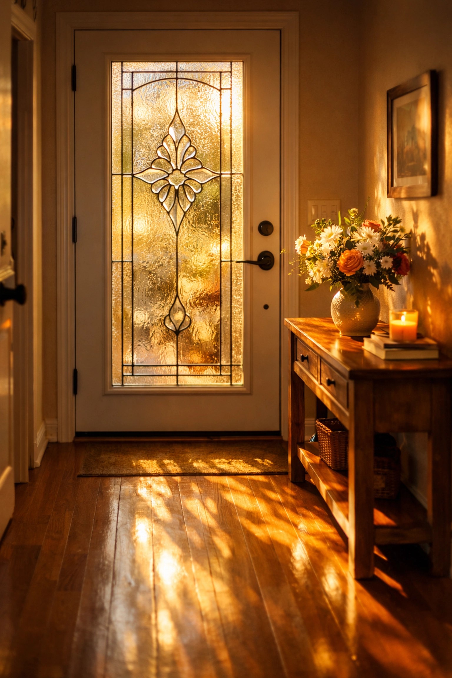 Natural light streaming through glass door insert brightening home entryway