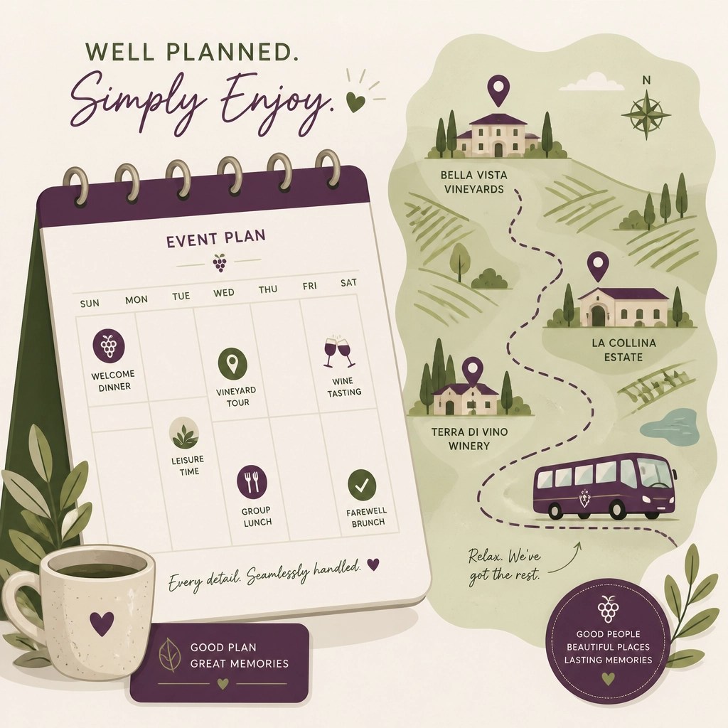 A clean, minimalist flat illustration showing a stylized calendar and a map with small vineyard icons and a bus icon representing organized, stress-free planning.