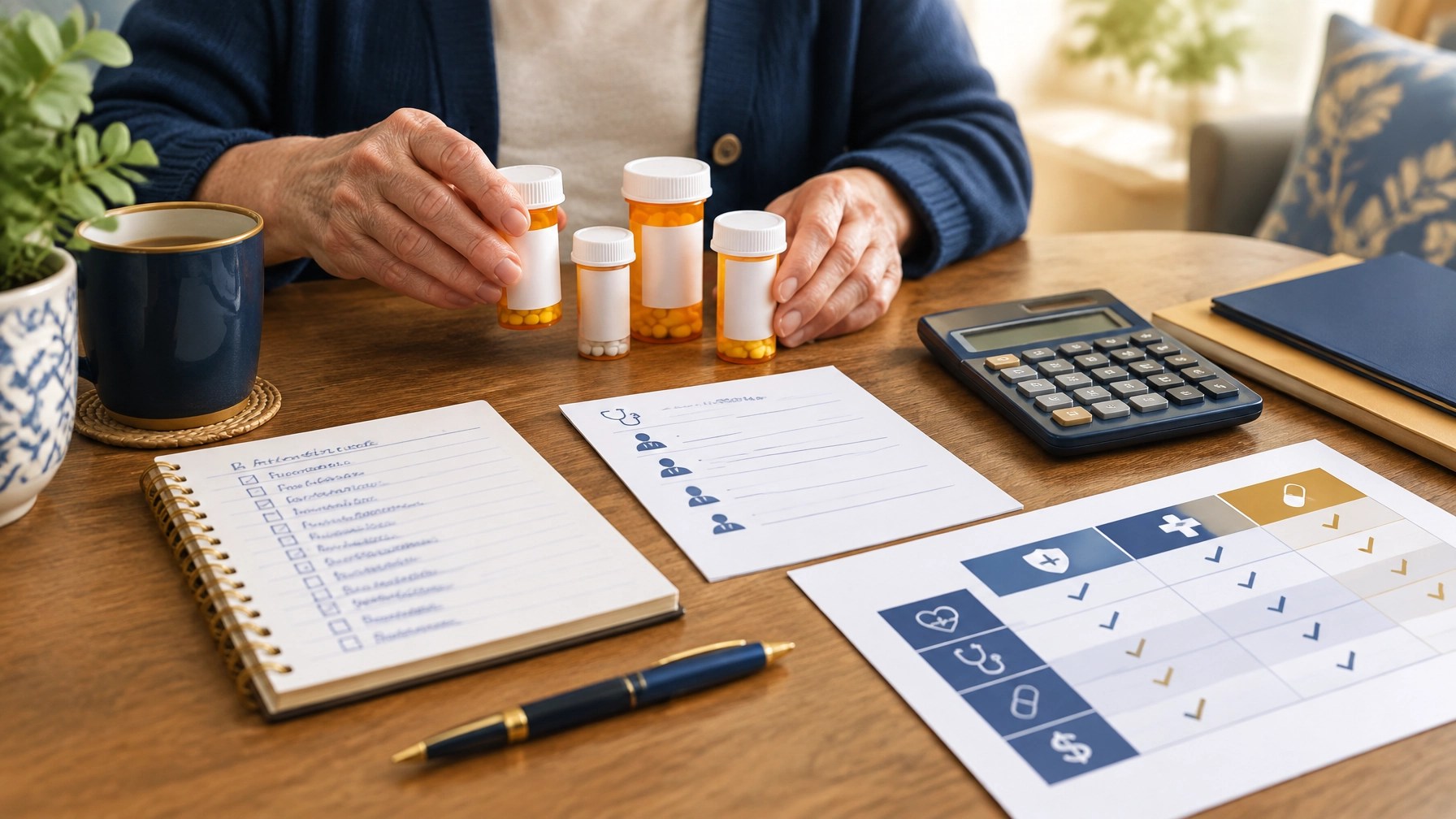 Older adult organizing prescriptions, provider information, and a Medicare comparison sheet