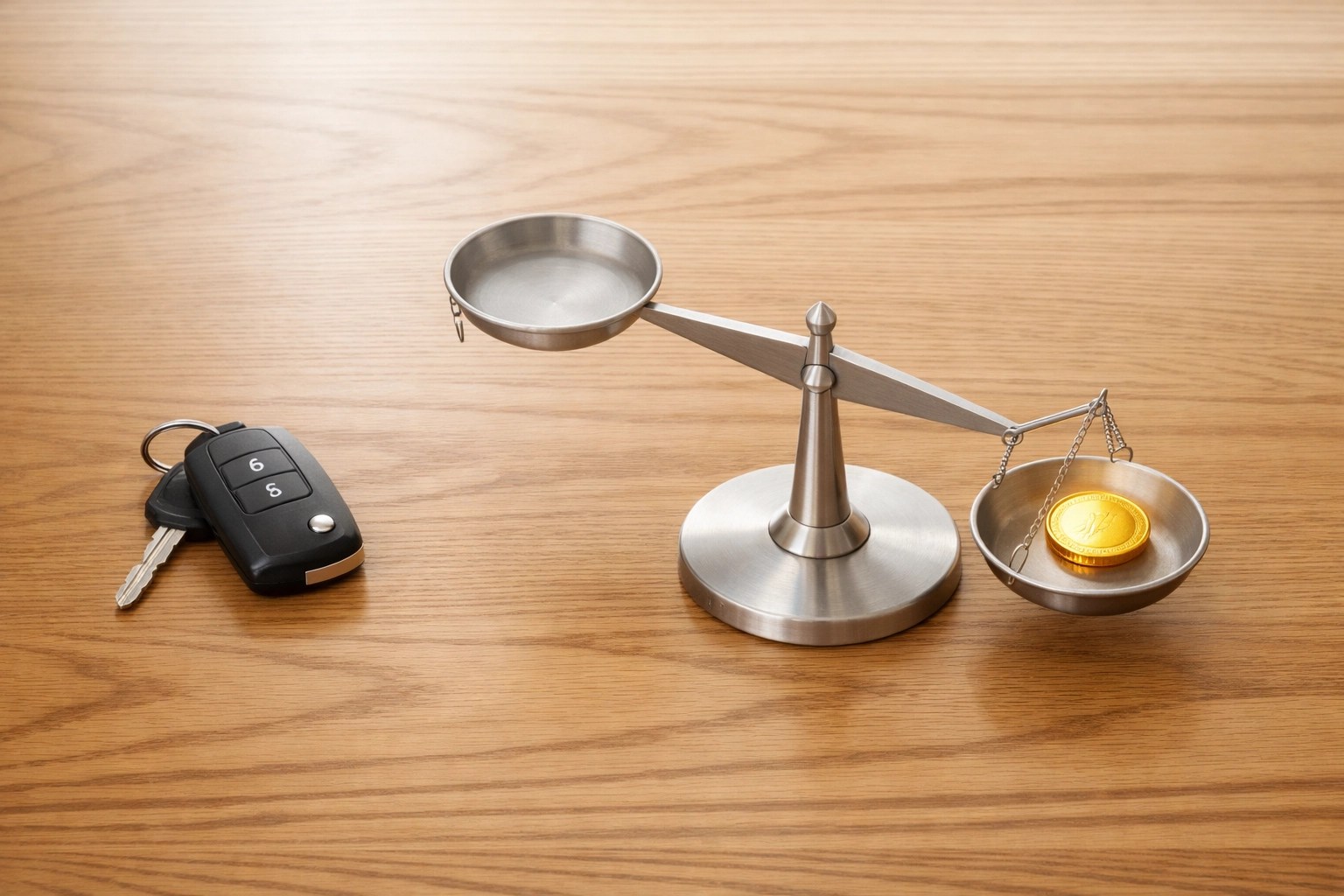 Car keys and a balance scale with a gold coin symbolizing insurance savings and rate reductions in Georgia.