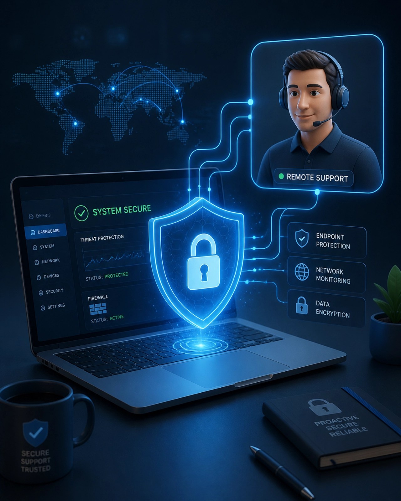 Remote IT support and cybersecurity protection illustration