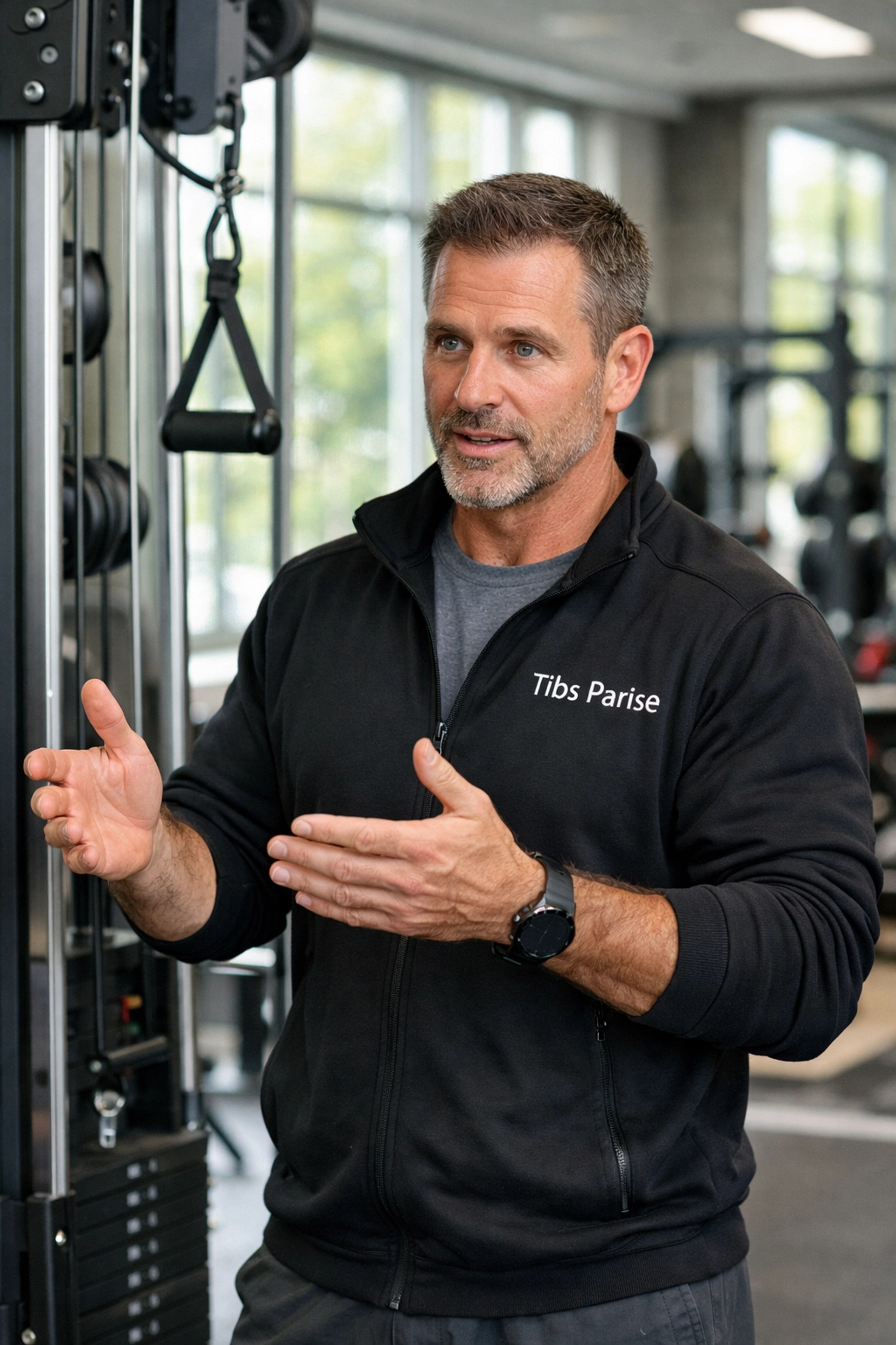 Sports consultant Tibs Parise explaining back training and recovery mechanics in a gym.