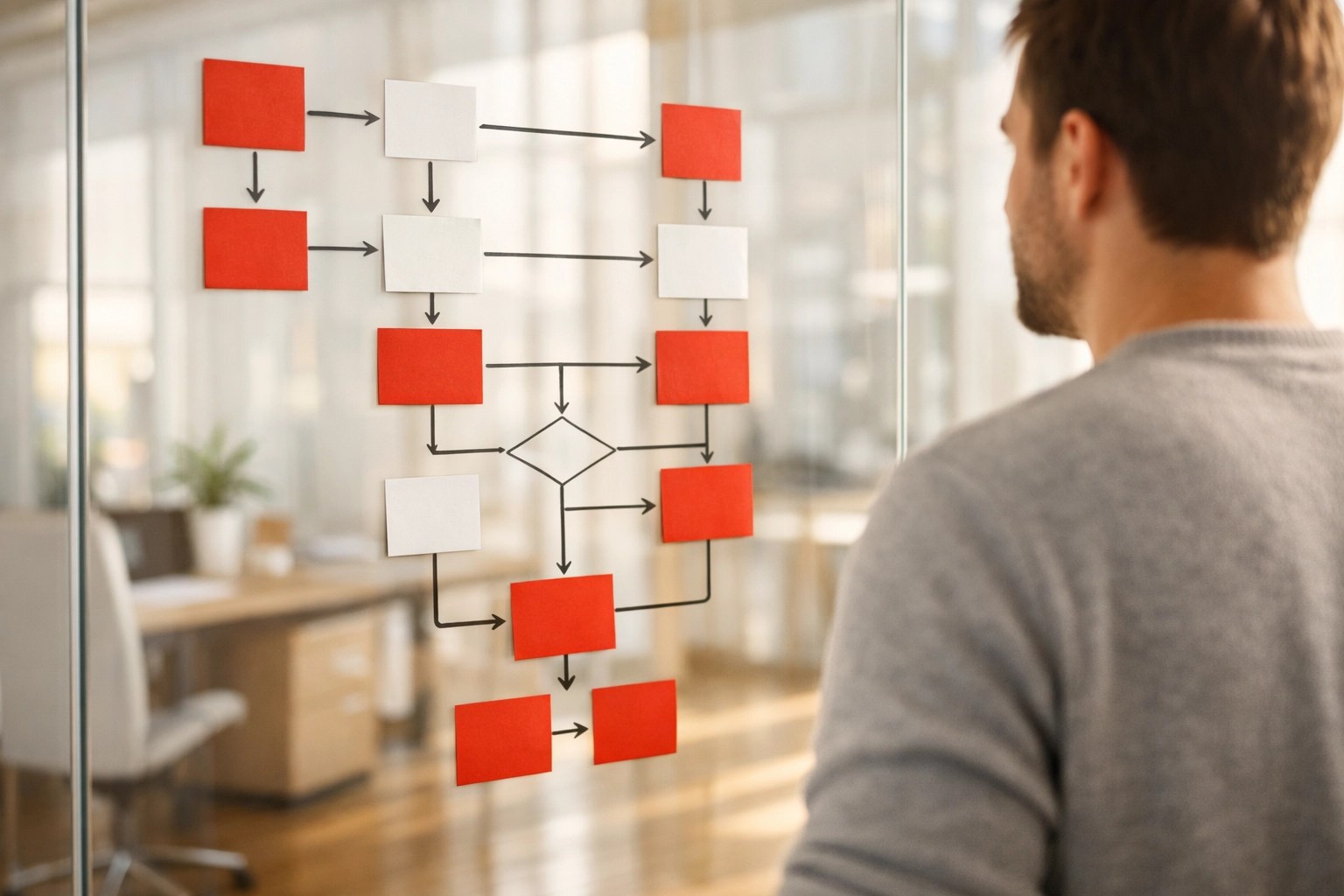 Business leader mapping a process workflow on glass to fix fragmented systems and streamline operations.