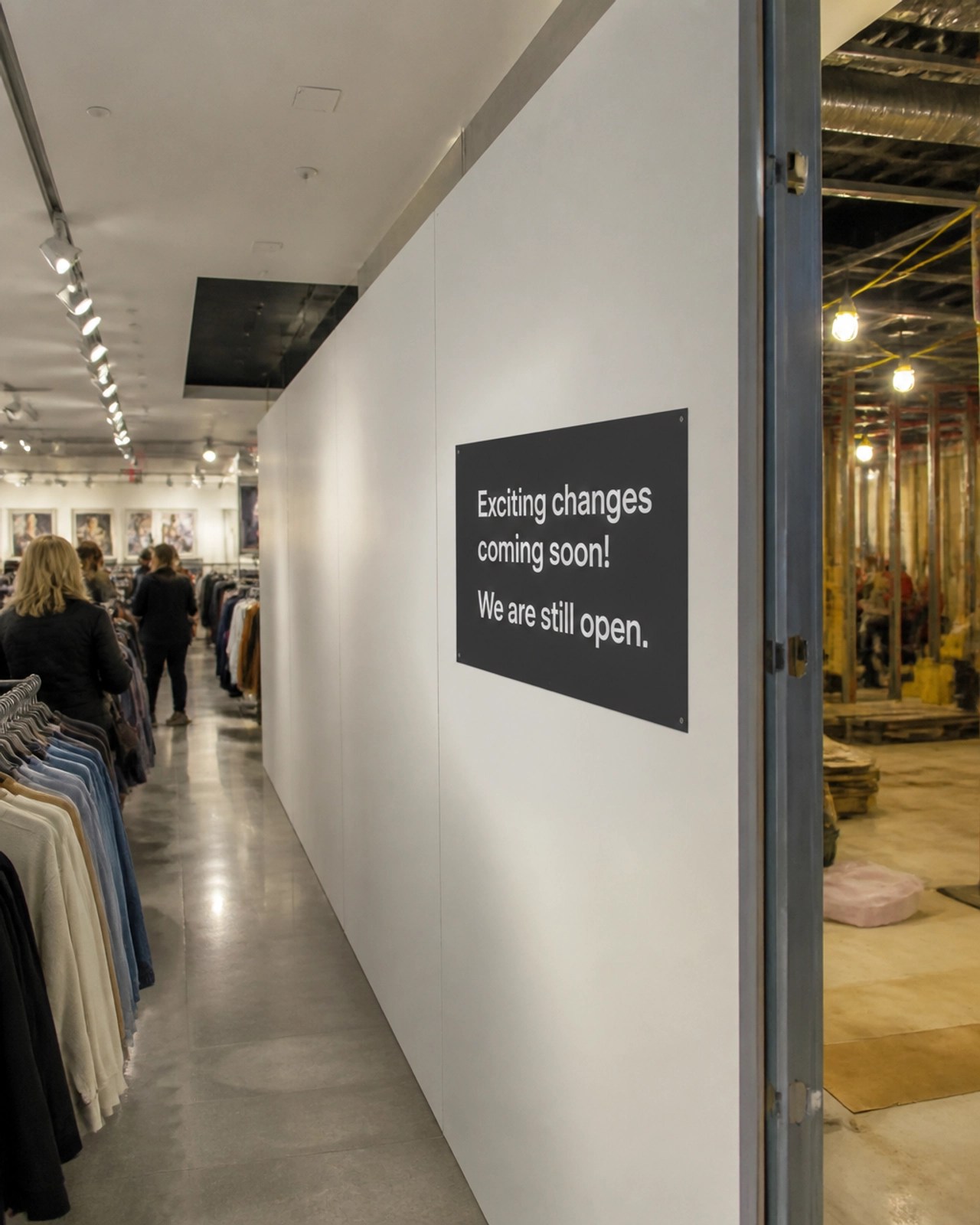 A retail store with a temporary wall allowing customers to shop while construction happens behind it