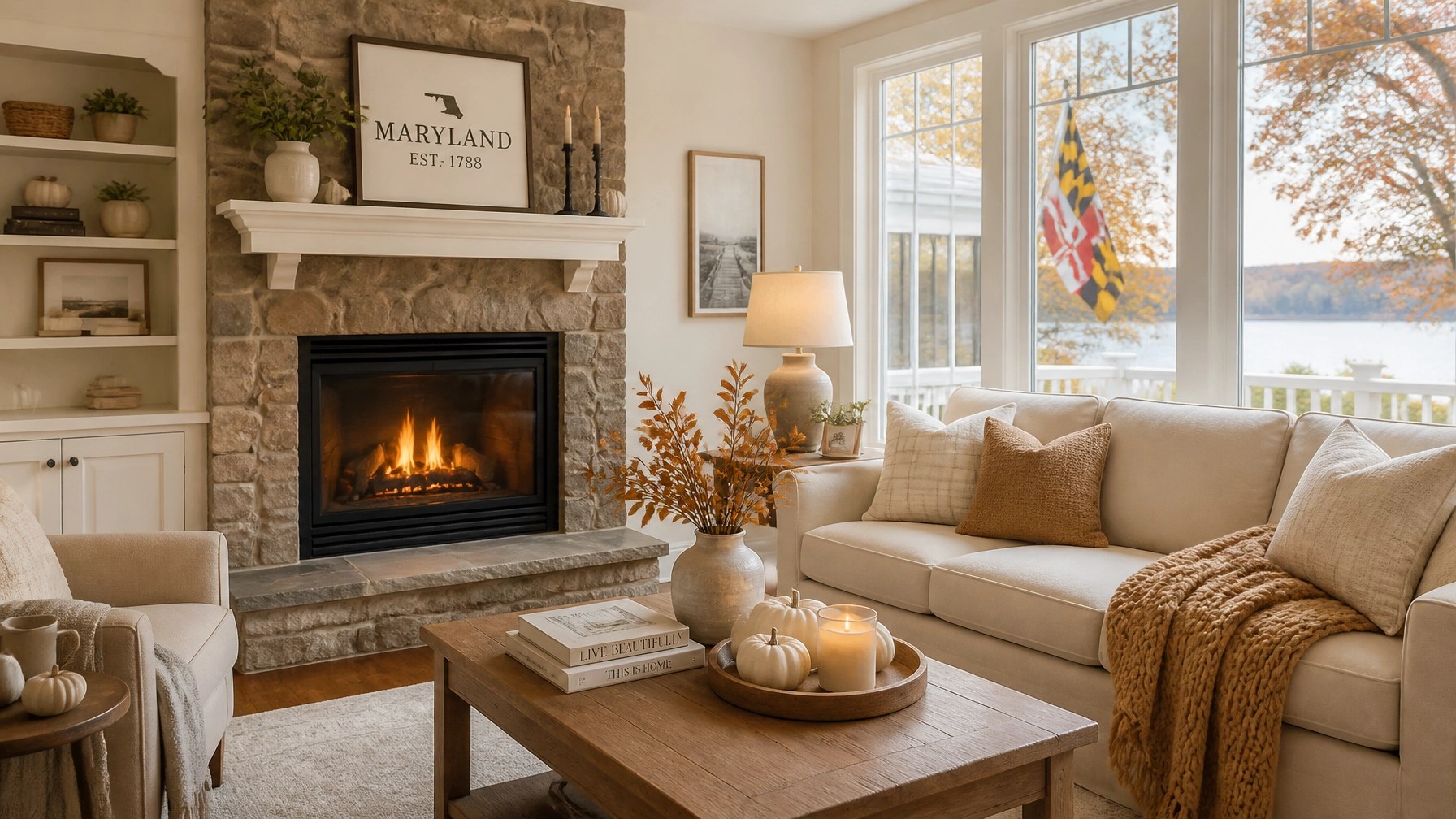 A cozy Maryland living room staged for fall with a warm fireplace and seasonal decor.