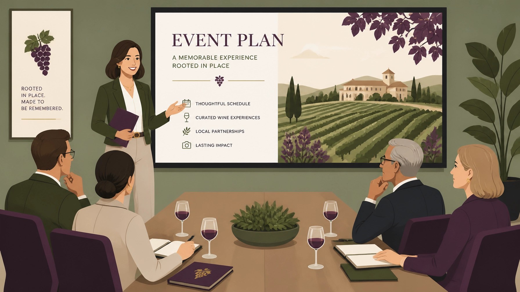 A clean, minimalist illustration of a professional presenting a polished winery event plan to leadership, using earthy green and purple tones