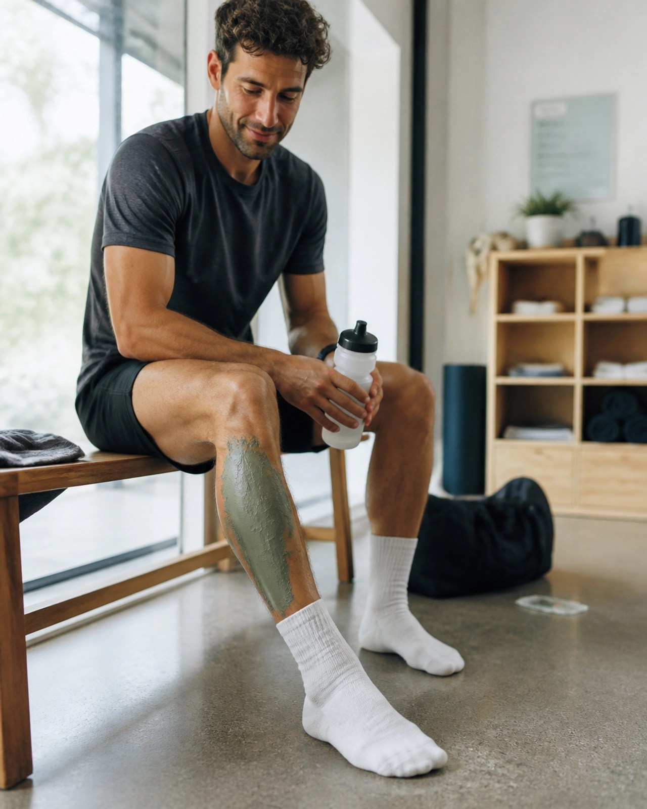 Athlete with green clay on their calf muscle