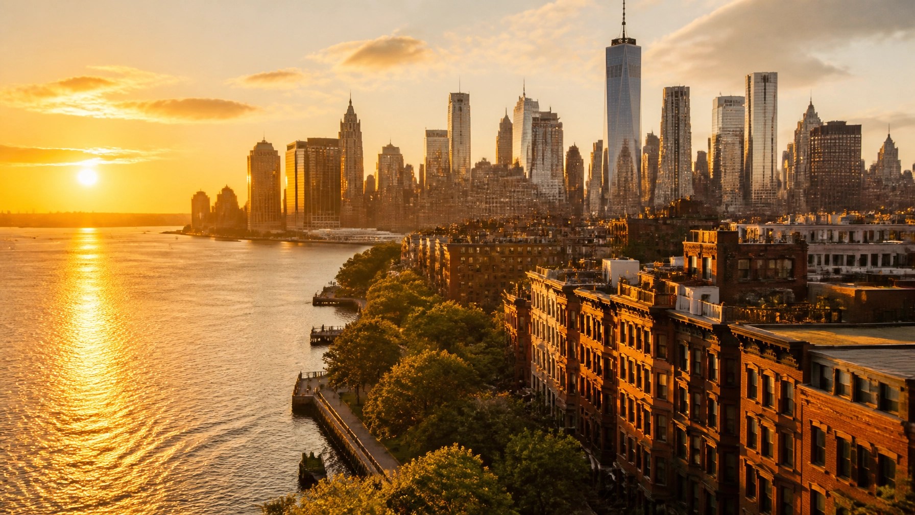 Aesthetic New York City skyline view at golden hour over the East River with warm sun rays