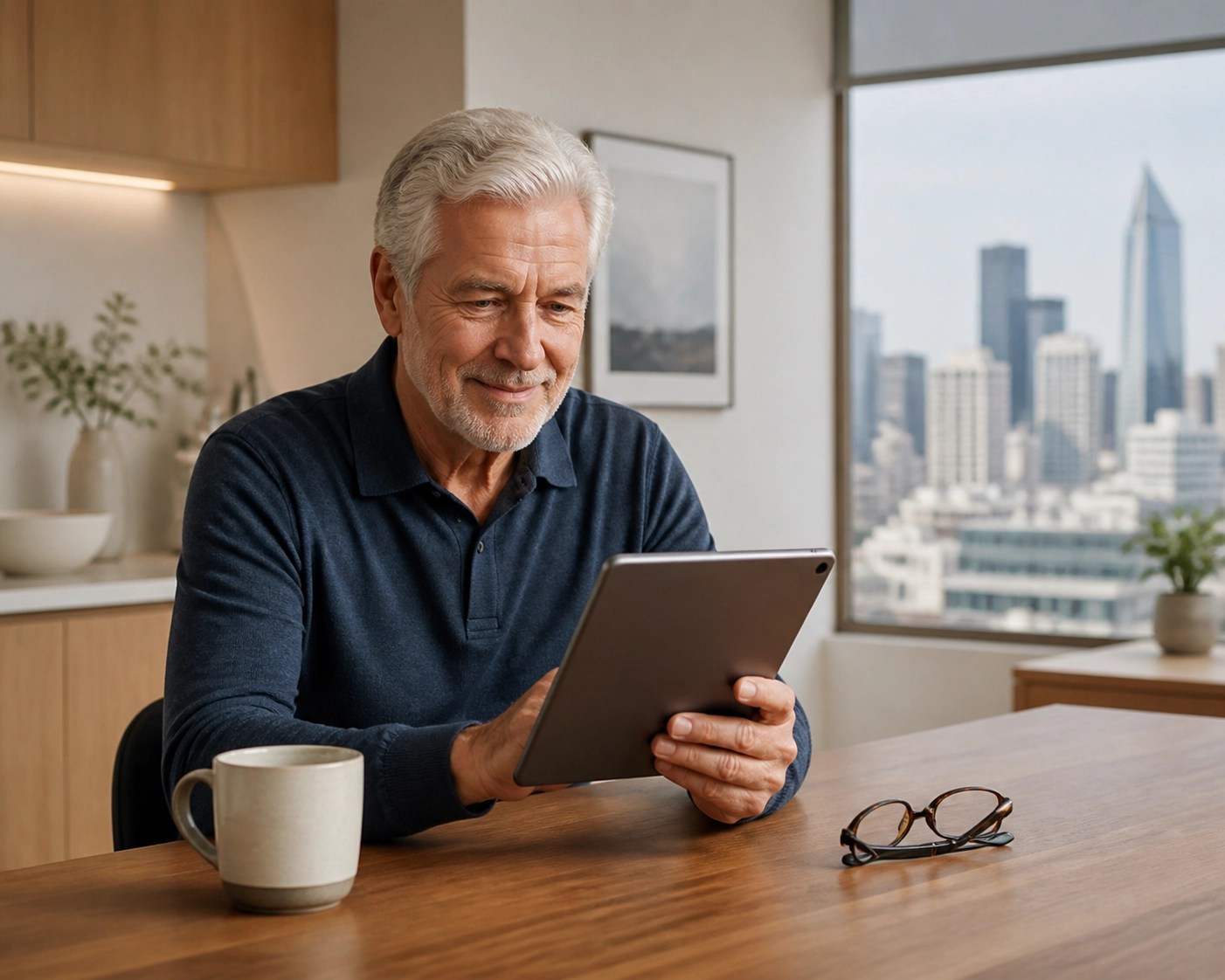 Senior man using a tablet to compare 2026 Medicare Advantage plans and research healthcare savings programs.