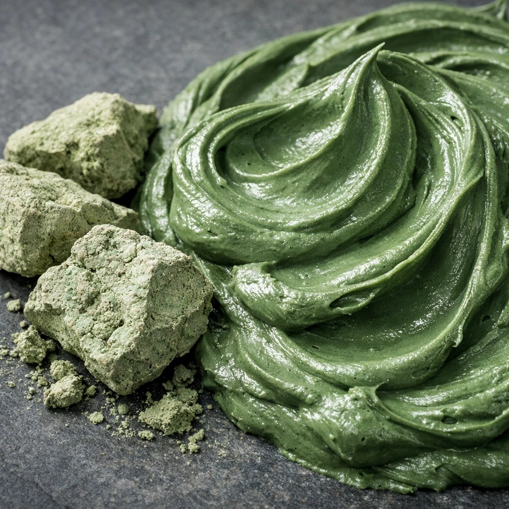 Close-up of mineral-rich French green clay used by professional athletes for injury recovery.