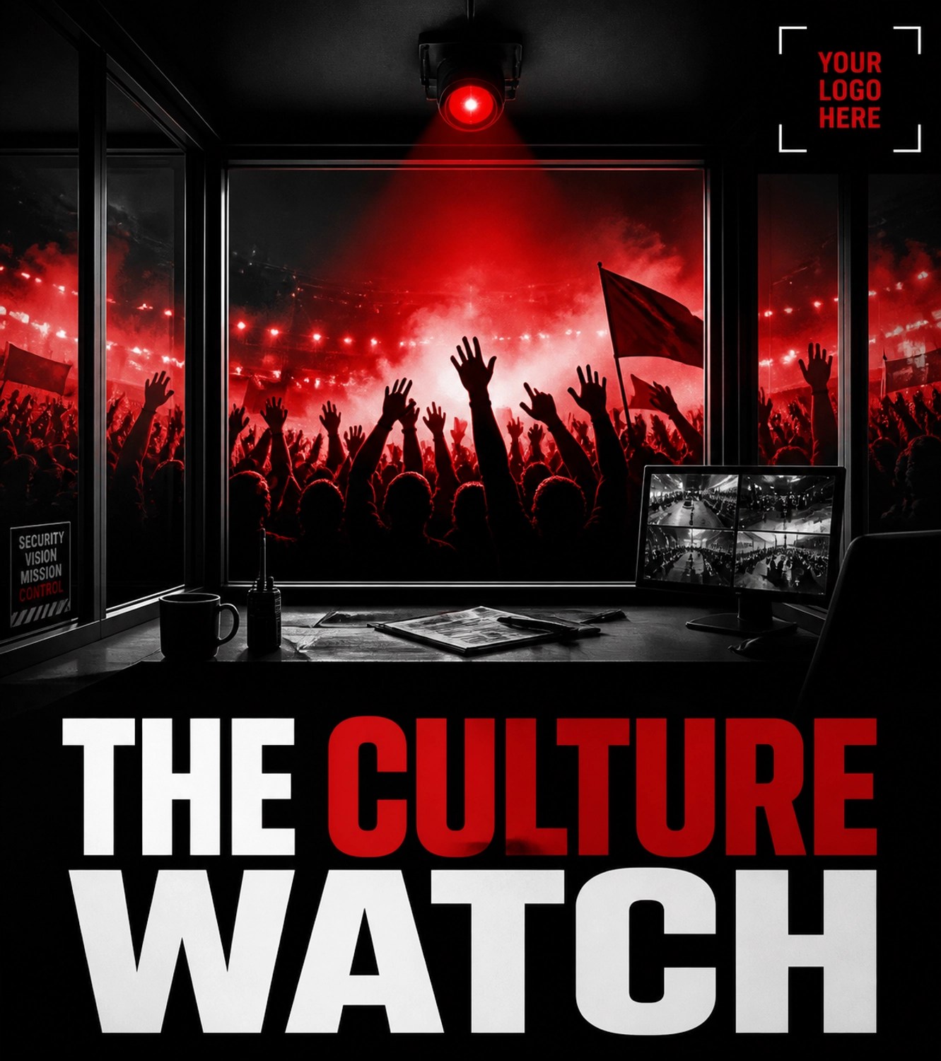 Crowd of silhouettes at an arena seen through a security lens focusing on urban sports culture.
