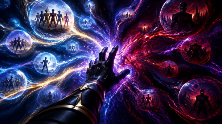 A lone armored hand reaching into a swirling interdimensional energy field with heroic and corrupted pathways