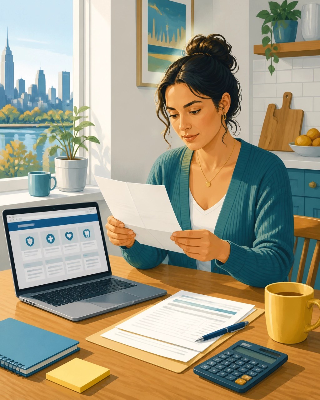 New York resident reviewing a coverage transition notice, income documents, and a marketplace enrollment screen