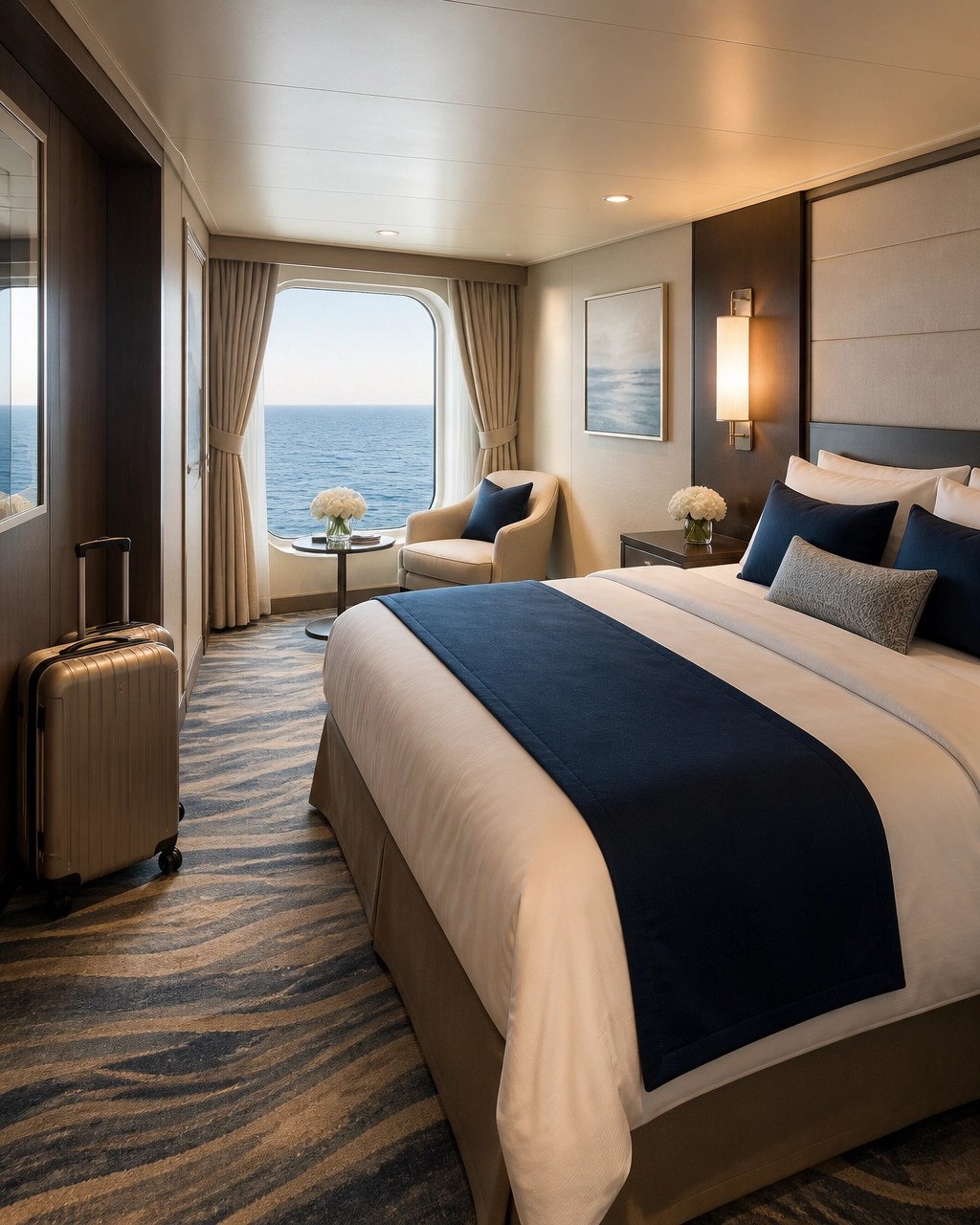 Elegant empty cruise cabin suite with ocean-view window, soft linens, and warm afternoon light