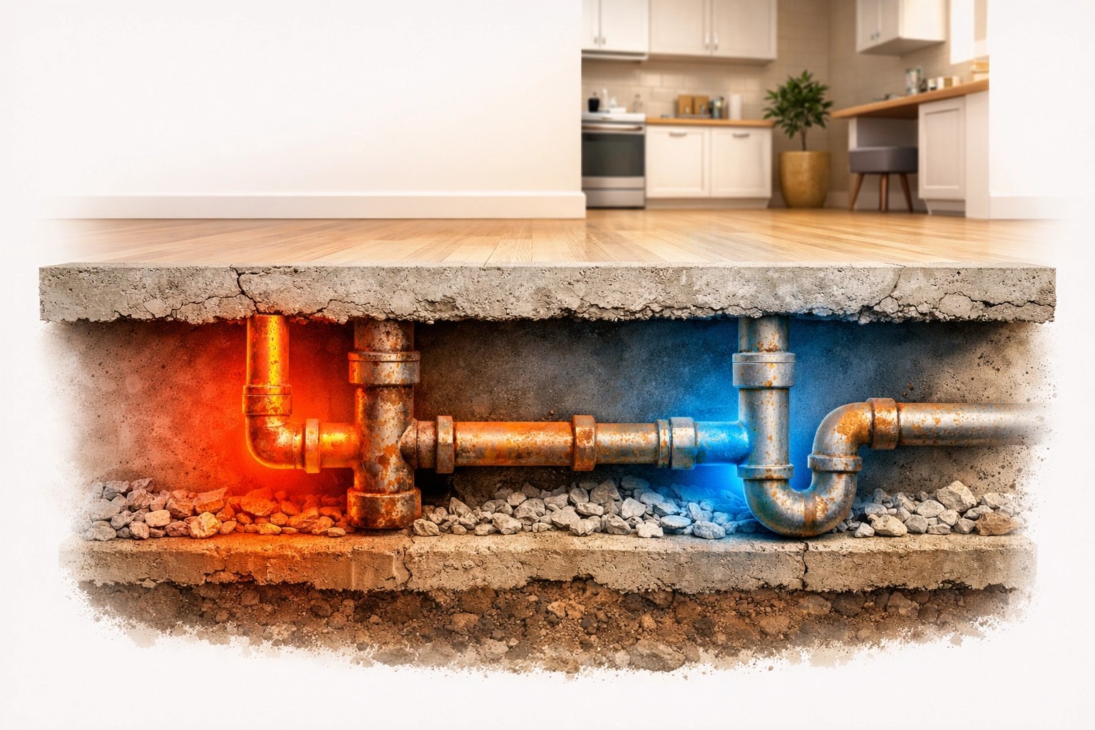 Aging copper and galvanized pipes corroding beneath concrete foundation slab