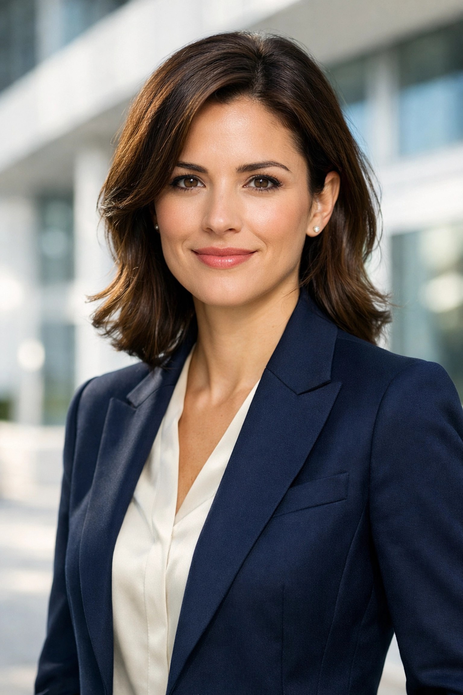 Woman wearing a professional navy blazer and cream blouse for a business headshot session.