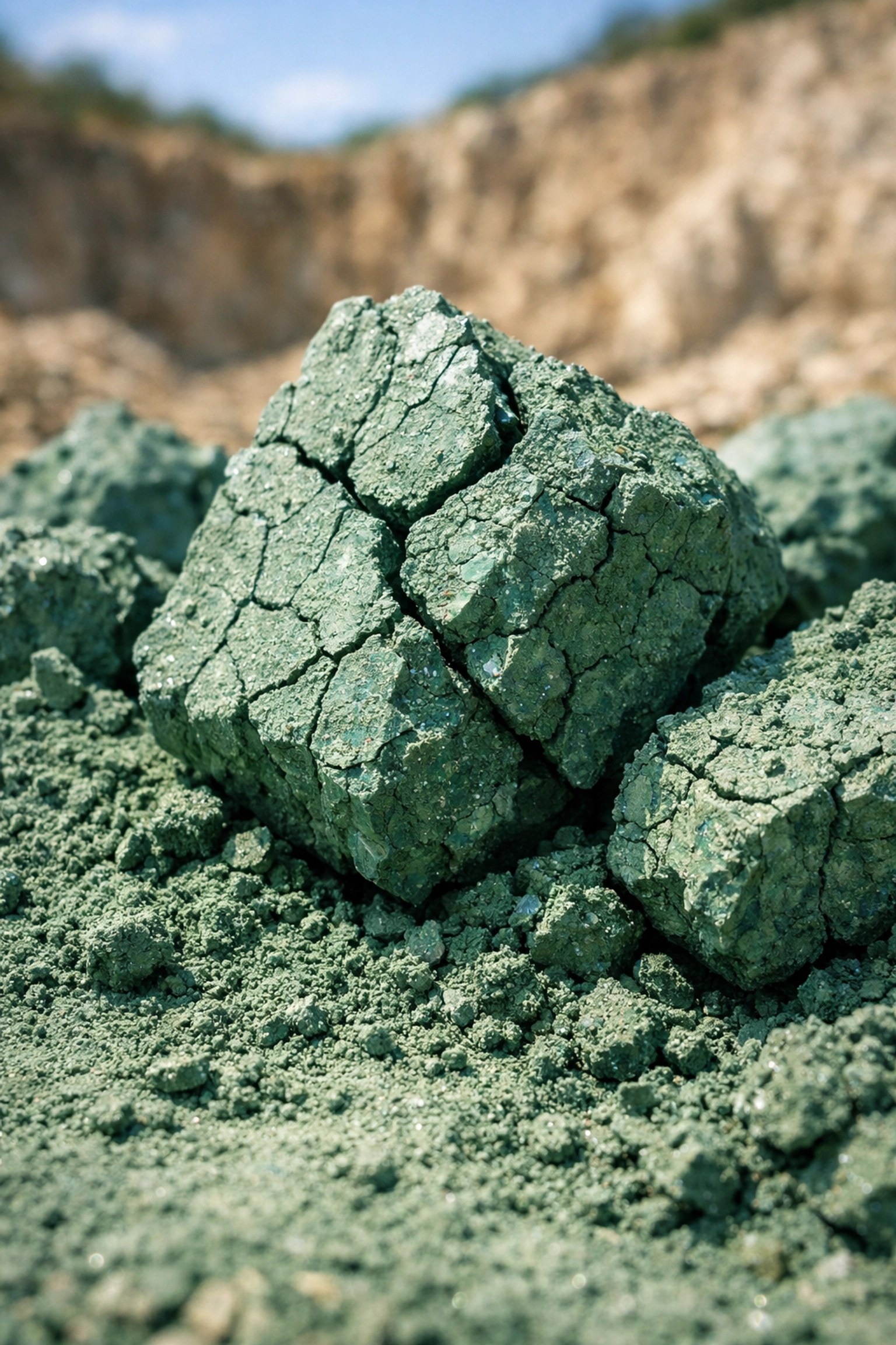 Detailed view of raw sun-dried French green clay chunks and mineral powder from an organic source.