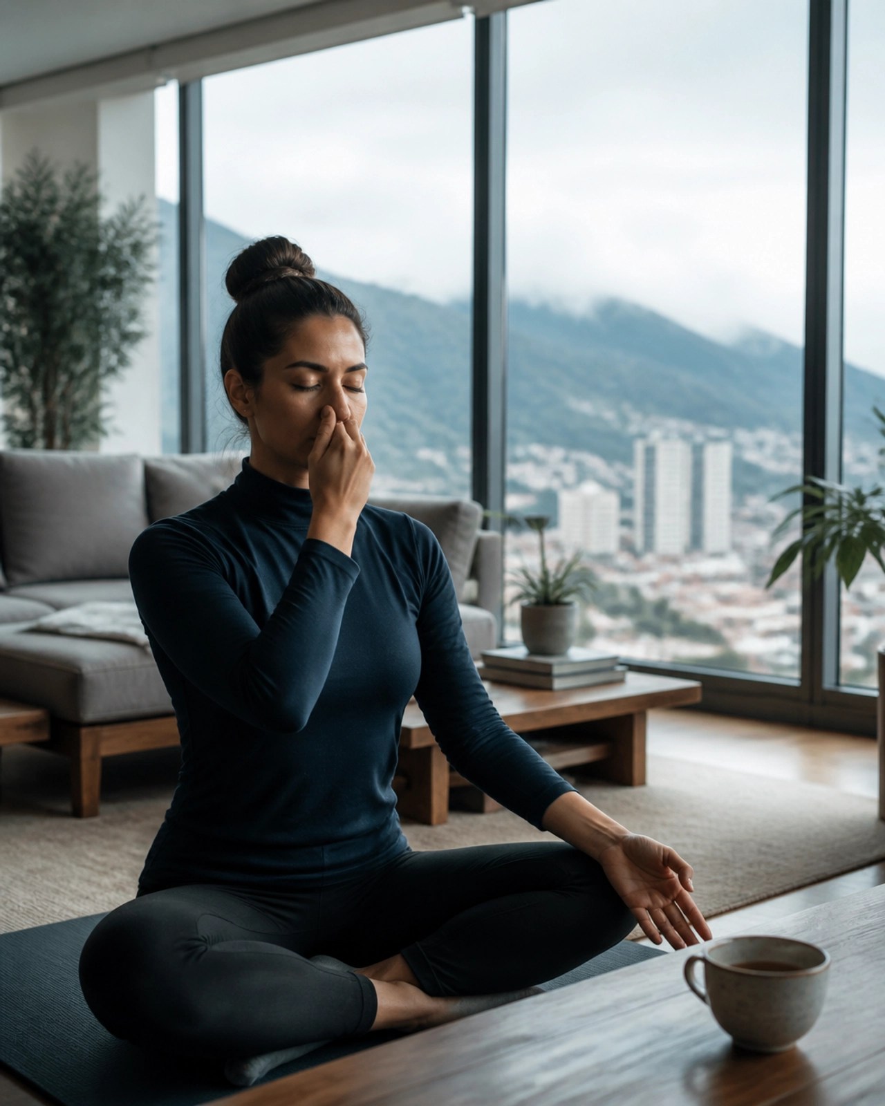Práctica de Pranayama en un entorno urbano moderno en Colombia