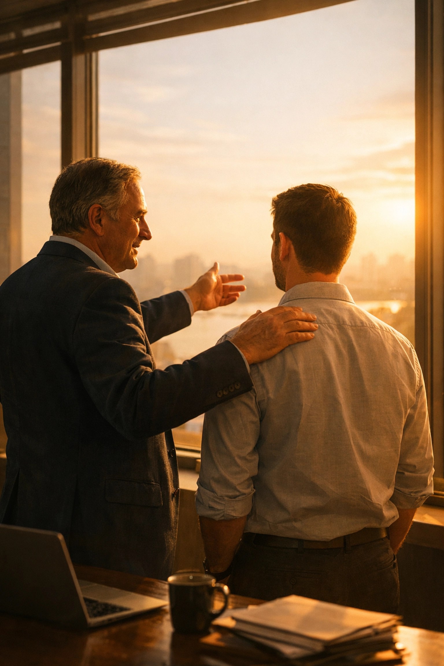 A mentor and young professional partner planning their insurance agency growth in a modern office.