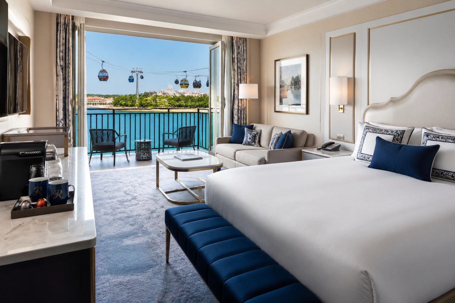 Luxury suite at Disney’s Riviera Resort featuring Mediterranean design and a scenic Skyliner view.