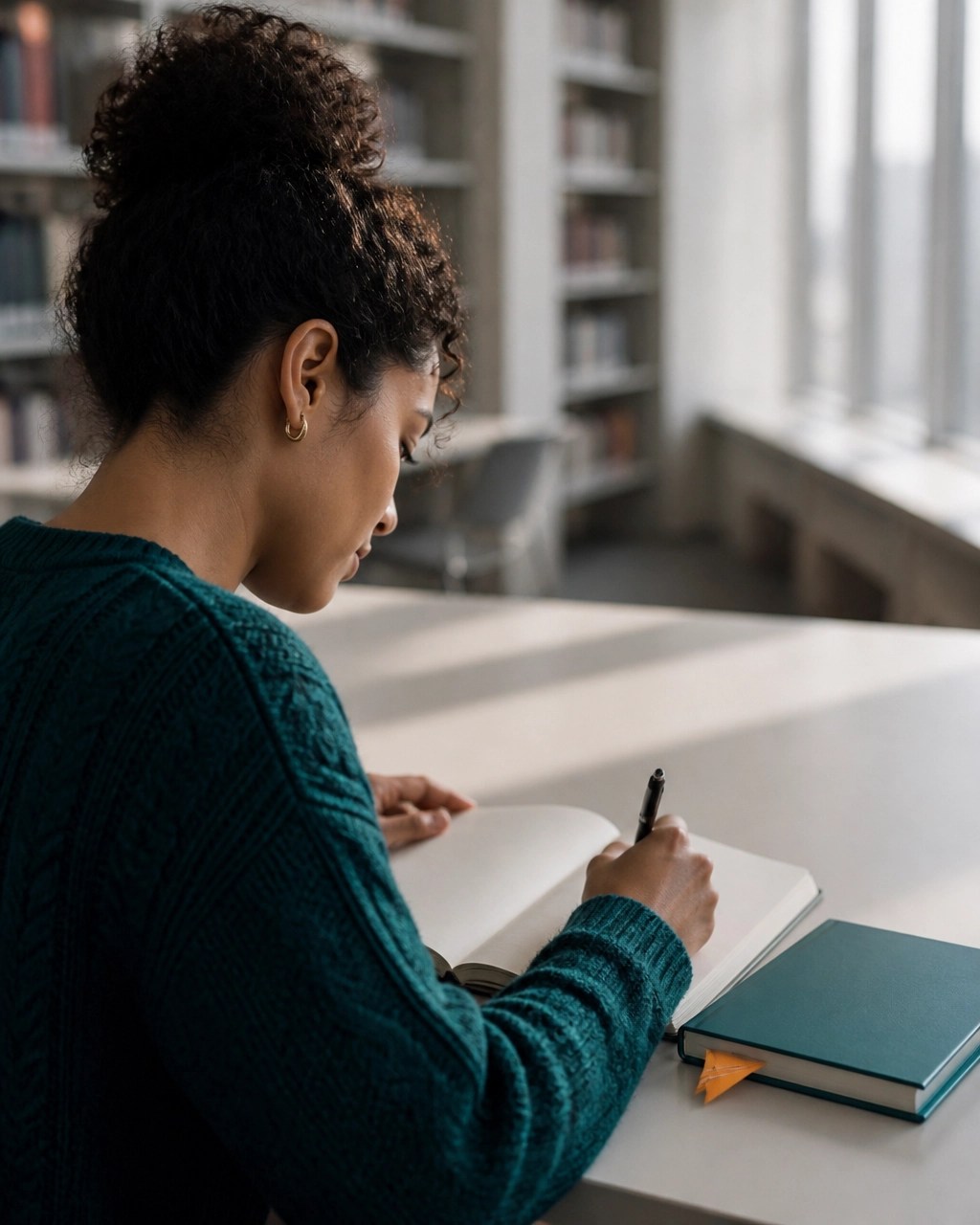 An adult learner reflecting in a blank notebook about family money beliefs and future career direction in a bright library