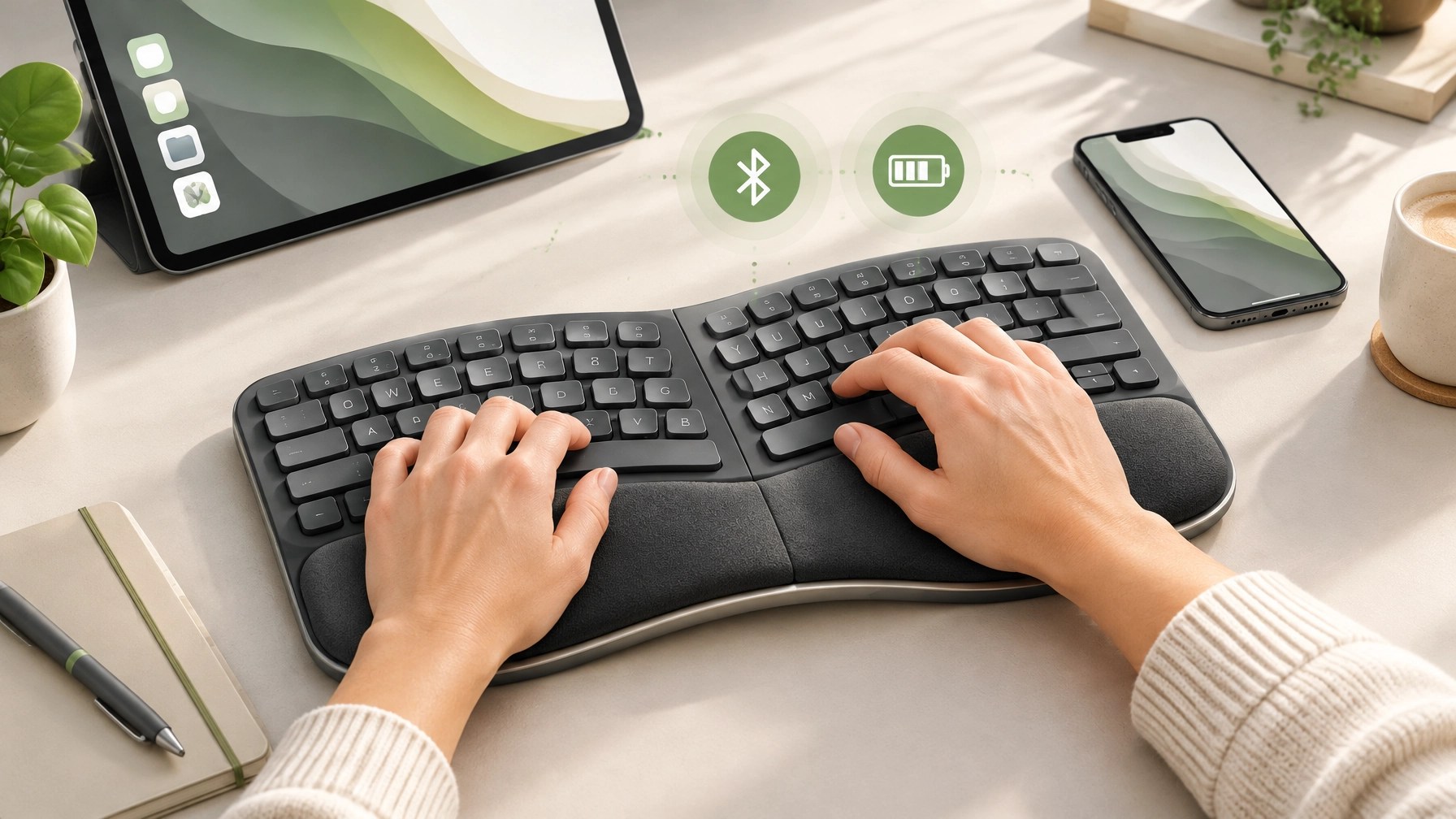 Compact wave-shaped ergonomic keyboard with a cushioned palm rest on a contemporary desk