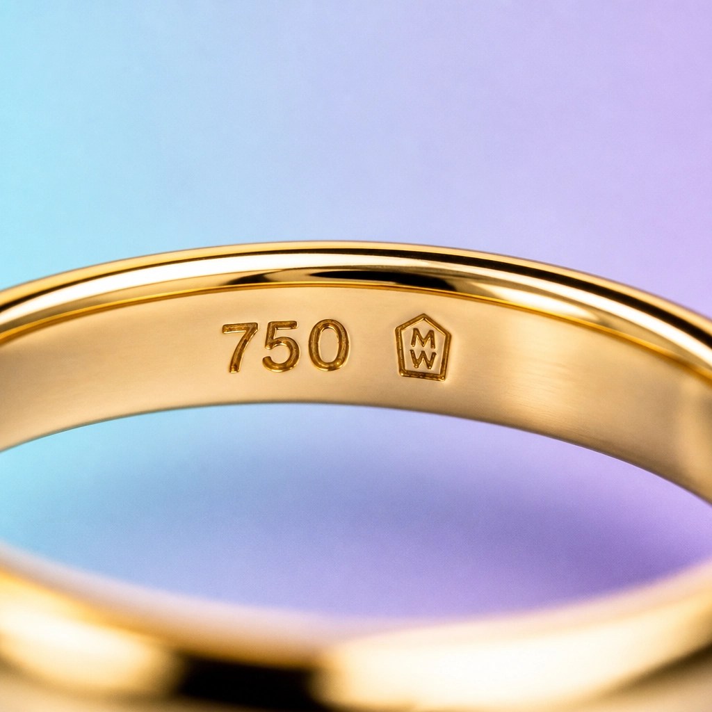 Close-up of a 750 hallmark inside an 18k gold ring