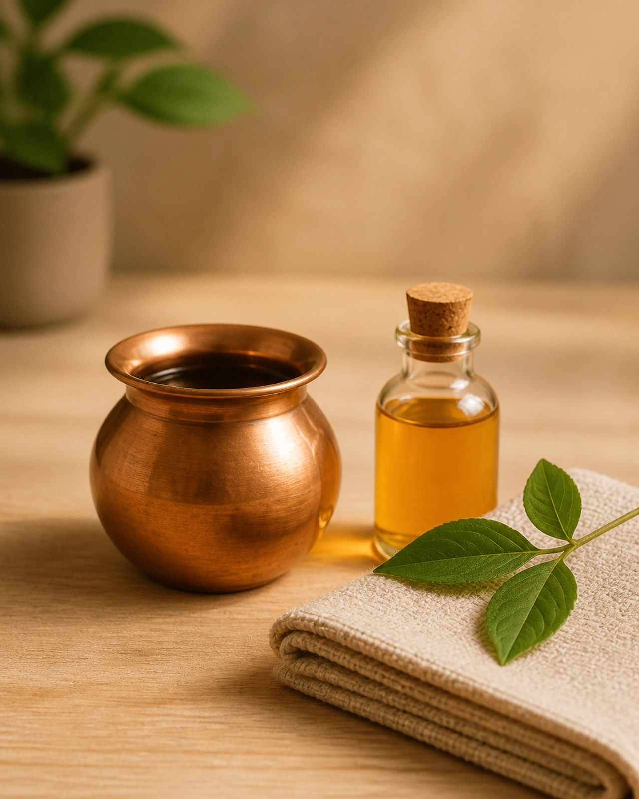 A peaceful morning wellness scene featuring a copper vessel and a glass bottle of warm oil on a wooden surface.