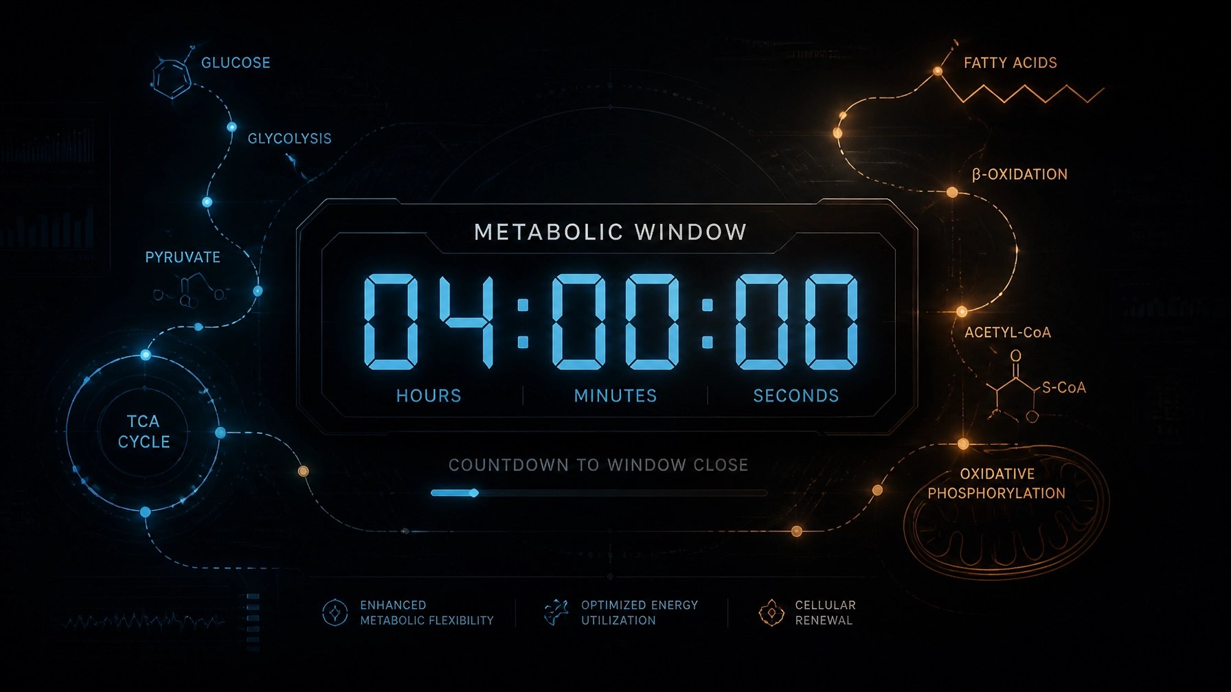 A stylized, high-tech digital clock display showing a 4-hour countdown window, overlaid with abstract glowing metabolic pathways.