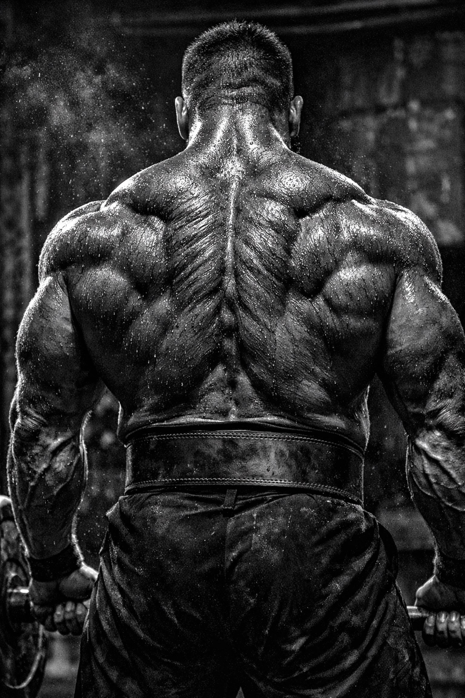 Detailed view of back muscle activation and posterior chain engagement during a heavy deadlift lockout.