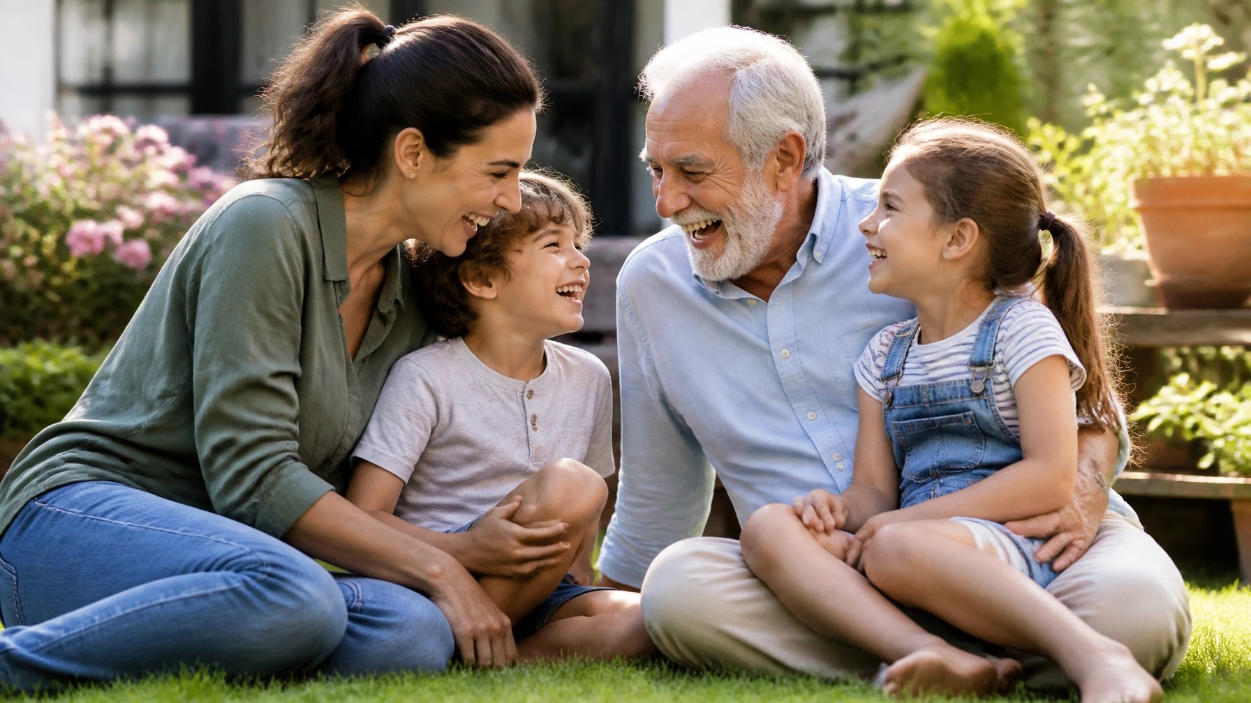 A happy multi-generational family laughing together in a sunny garden