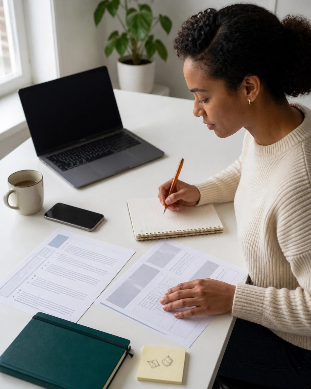 An adult student organizing a resume, job description, notes, and questions before a recruiter call