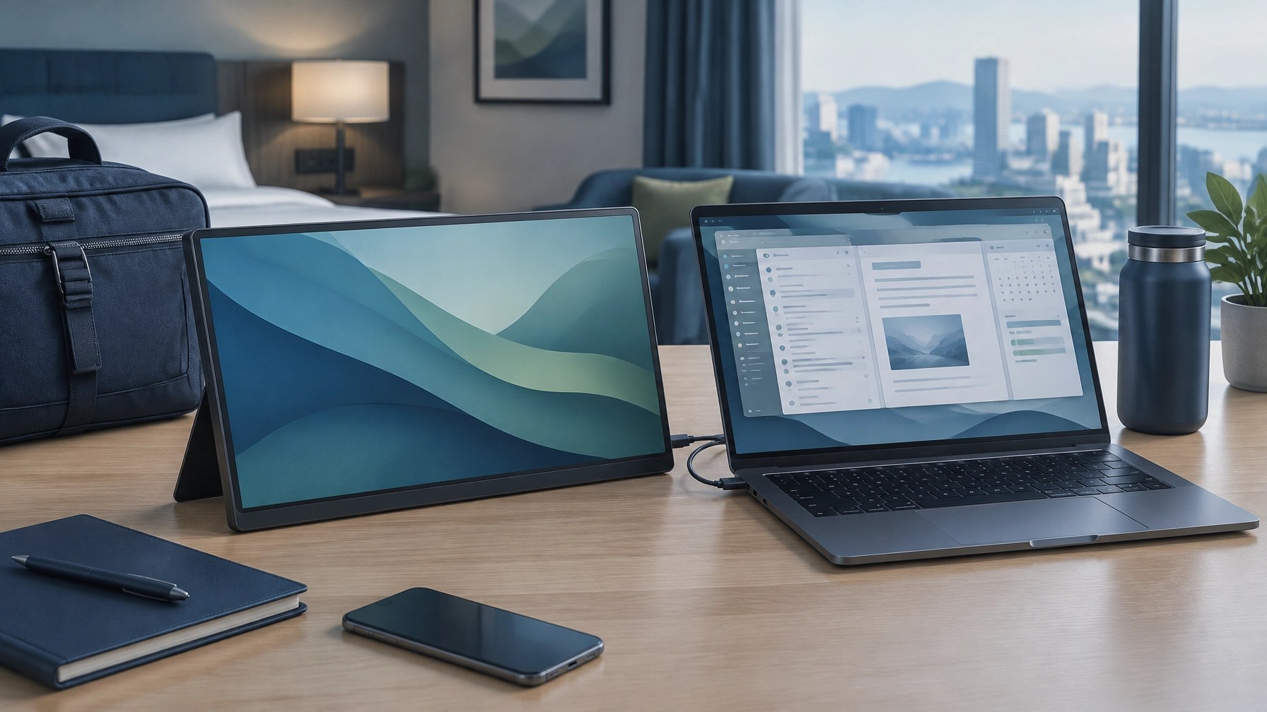 Illustration of a portable monitor and laptop set up for work while traveling