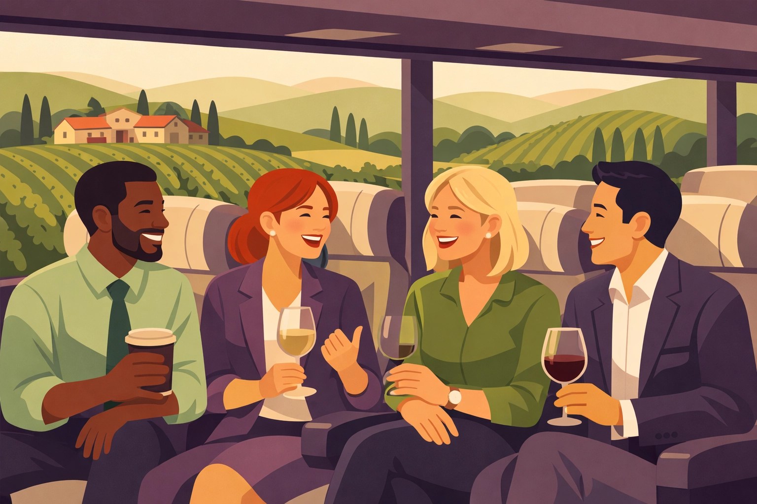 Corporate team enjoying wine tour on luxury bus through Northern Virginia wine country